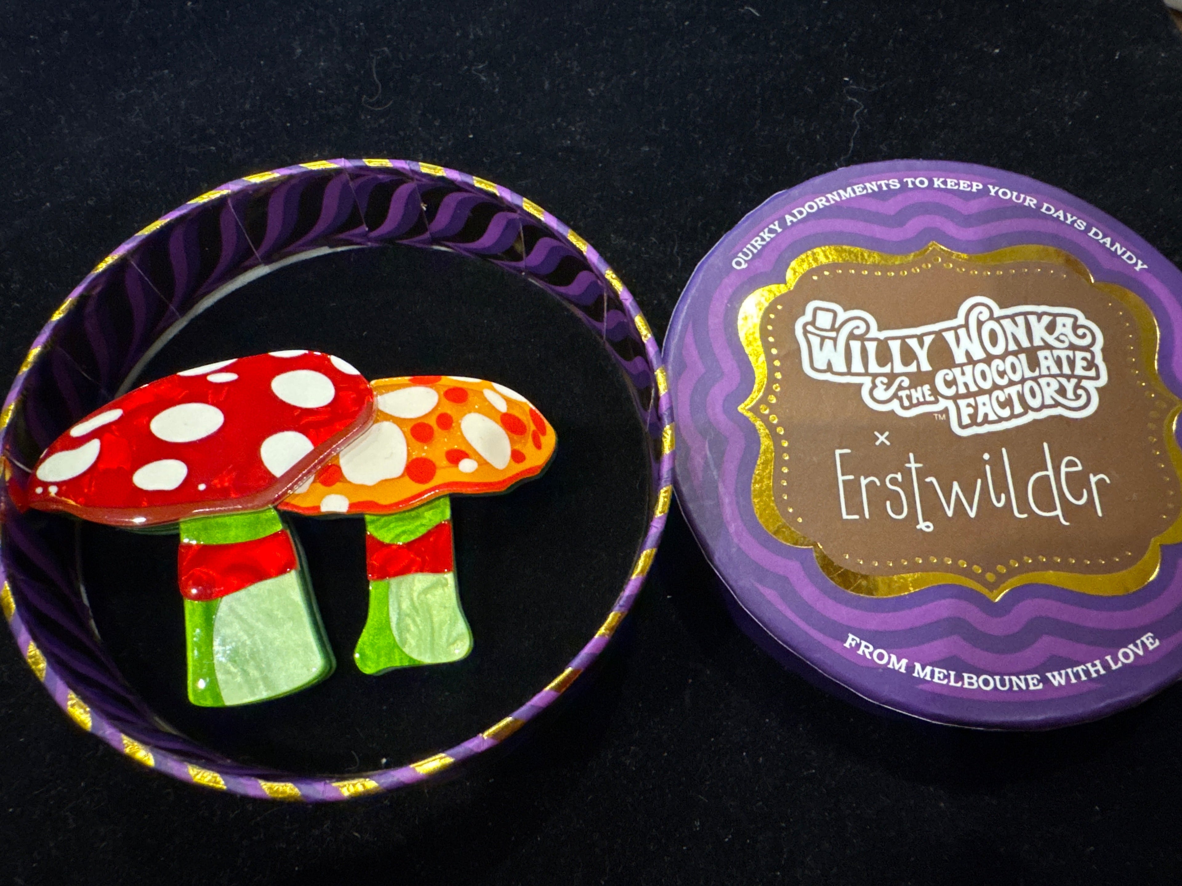 ERSTWILDER  WILLY WONKA & THE CHOCOLATE FACTORY- CANDY MUSHROOMS- RESIN BROOCH RETIRED