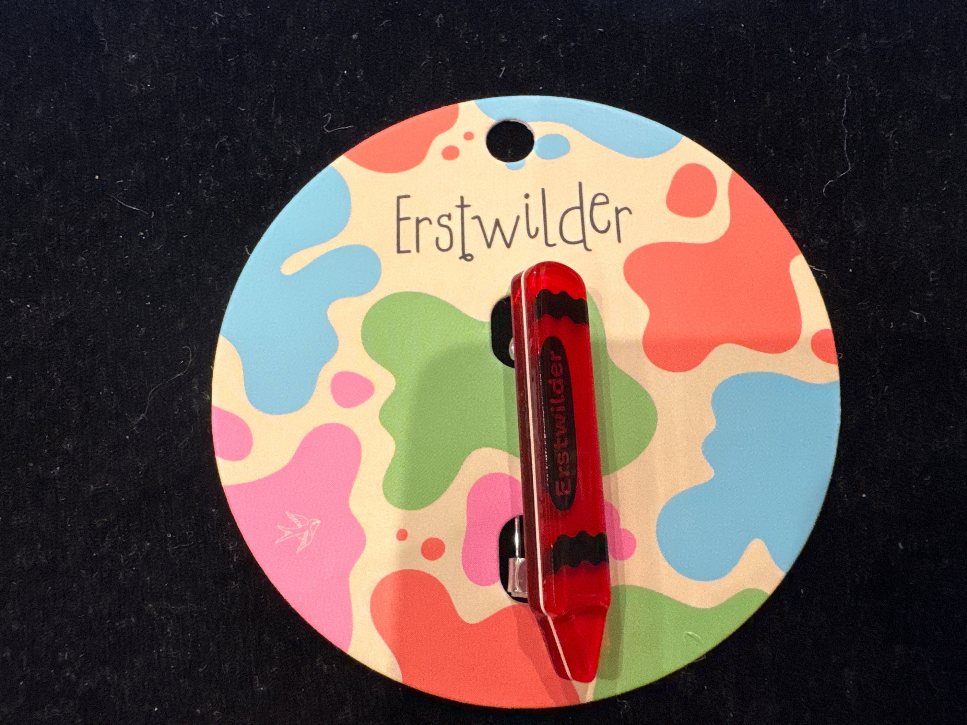 ERSTWILDER  ARTS & CRAFTS SIMPLIFIED MINIATURE- RED CRAYON -RESIN BROOCH