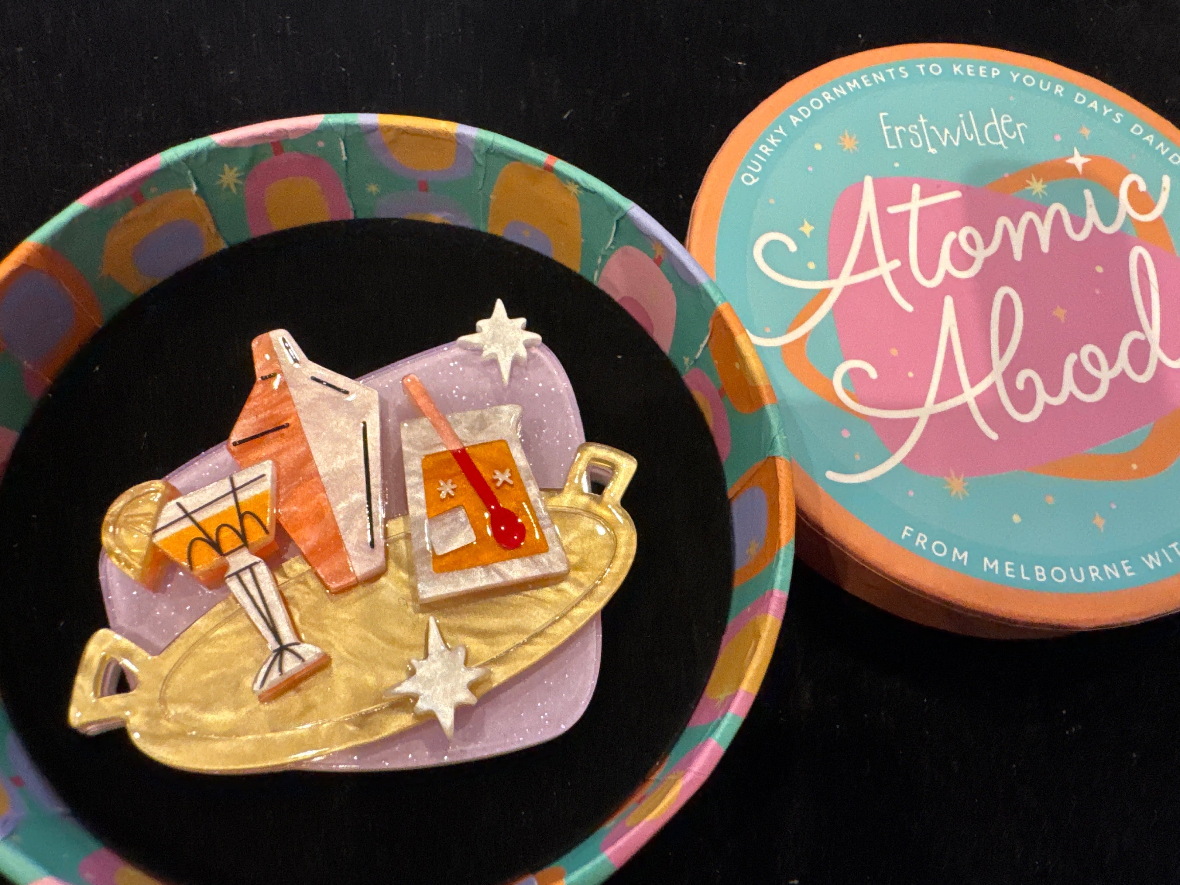 ERSTWILDER ATOMIC ABODE- SHAKEN OR STIRRED- RESIN BROOCH