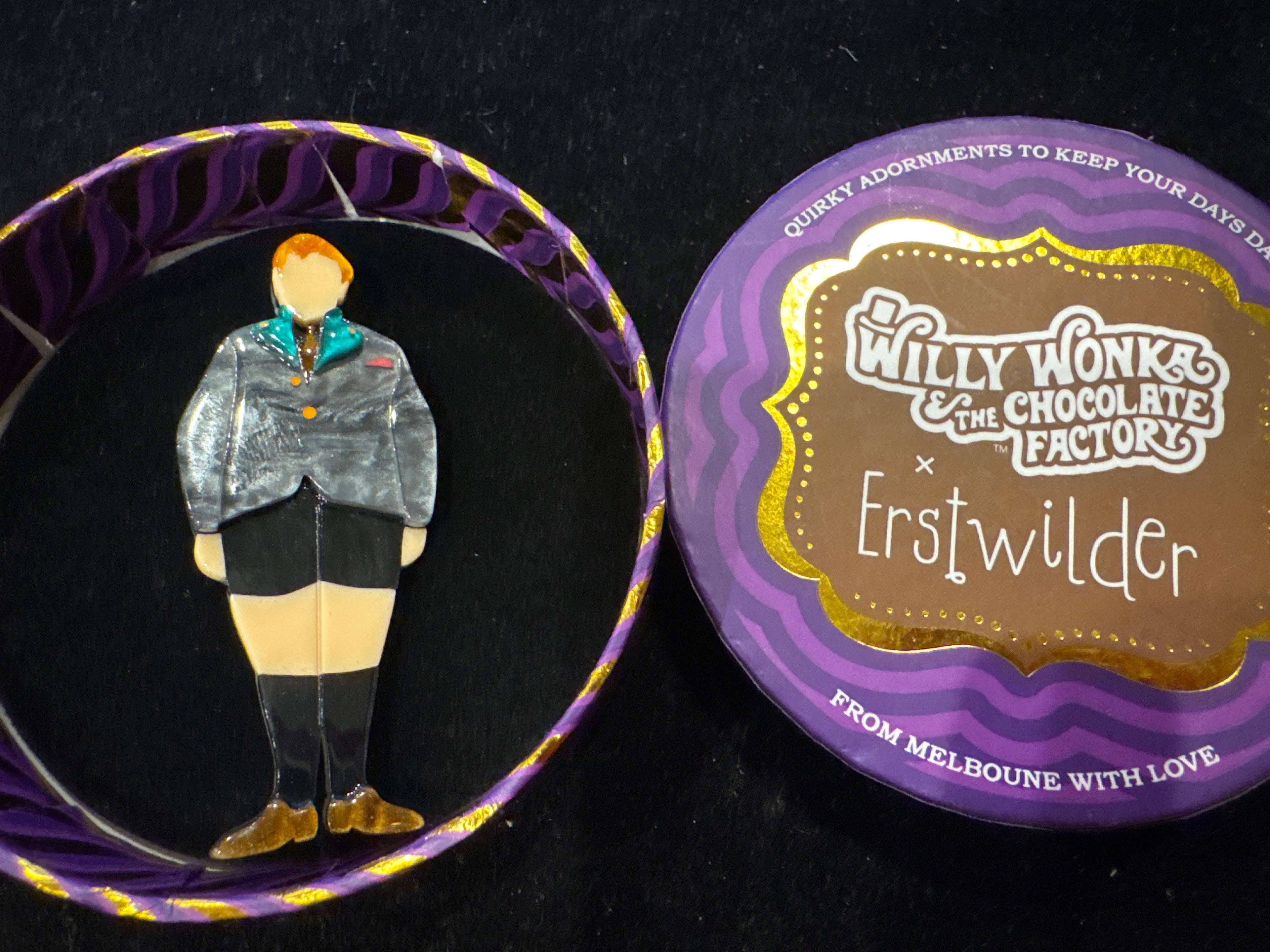 ERSTWILDER  WILLY WONKA & THE CHOCOLATE FACTORY- AUGUSTUS GLOOP- RESIN BROOCH RETIRED
