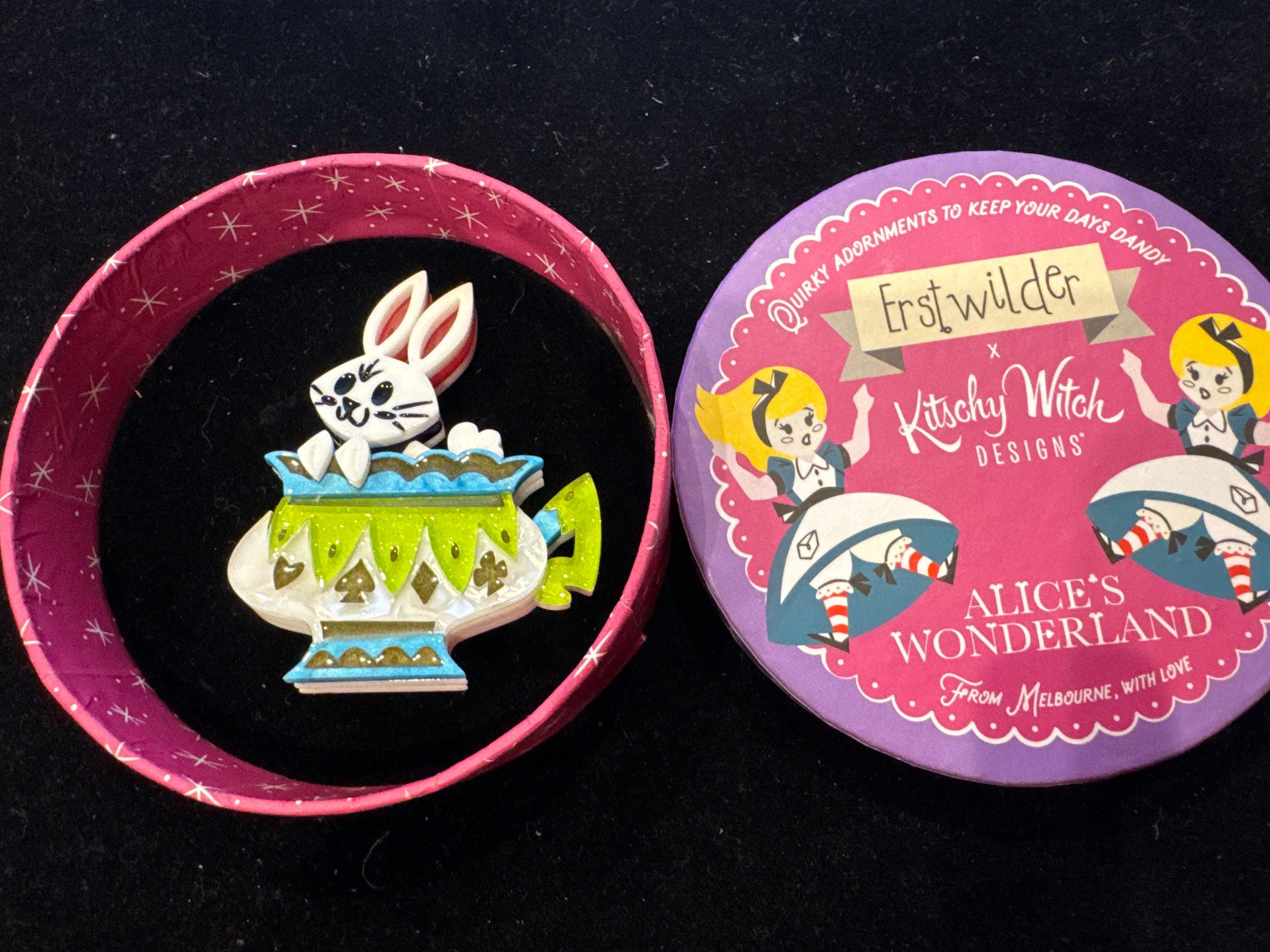 ERSTWILDER KITSCHY WITCH DESIGNS -FOLLOW THE WHITE RABBIT -RESIN BROOCH