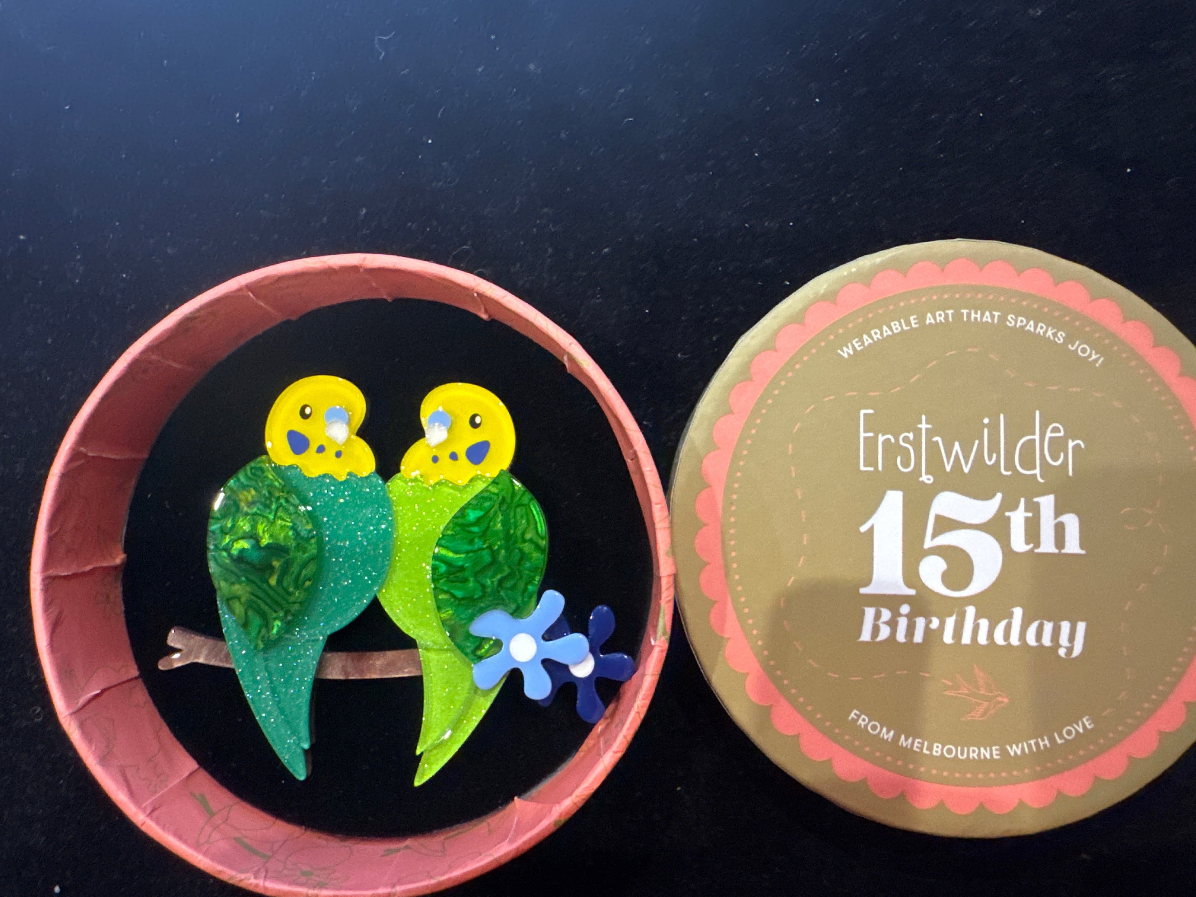 ERSTWILDER 15th BIRTHDAY - BEST BUDGIES - RESIN BROOCH