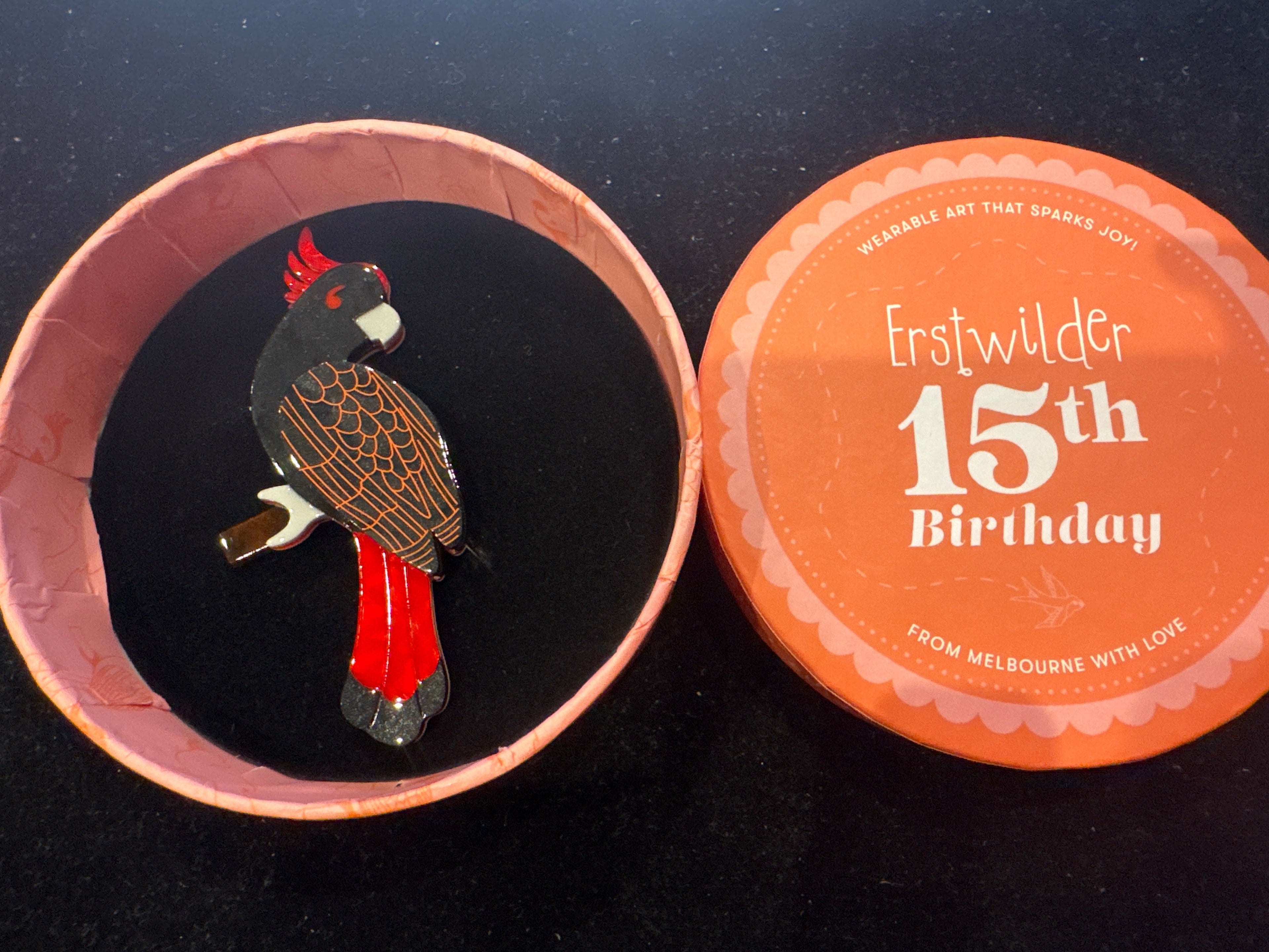 ERSTWILDER 15th BIRTHDAY -CARNABOO THE COCKATOO  - RESIN BROOCH (