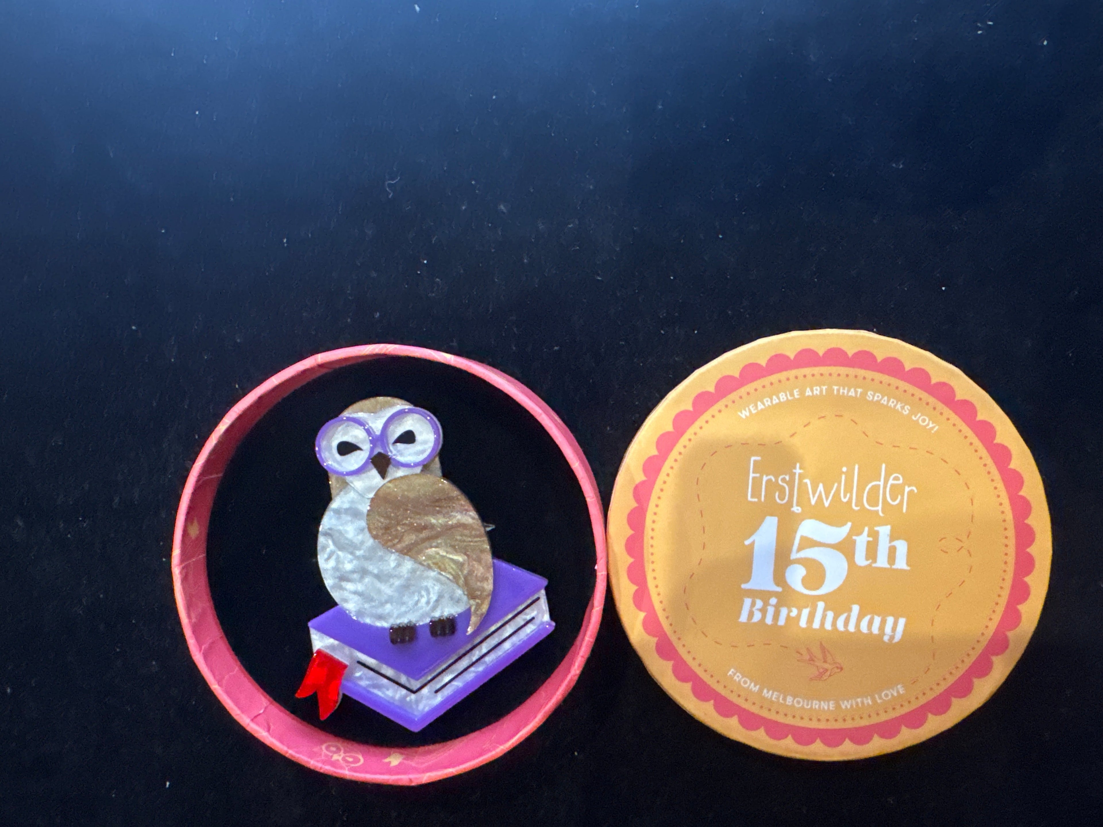 ERSTWILDER 15th BIRTHDAY - STUDIOUS SNOW OWL- RESIN BROOCH