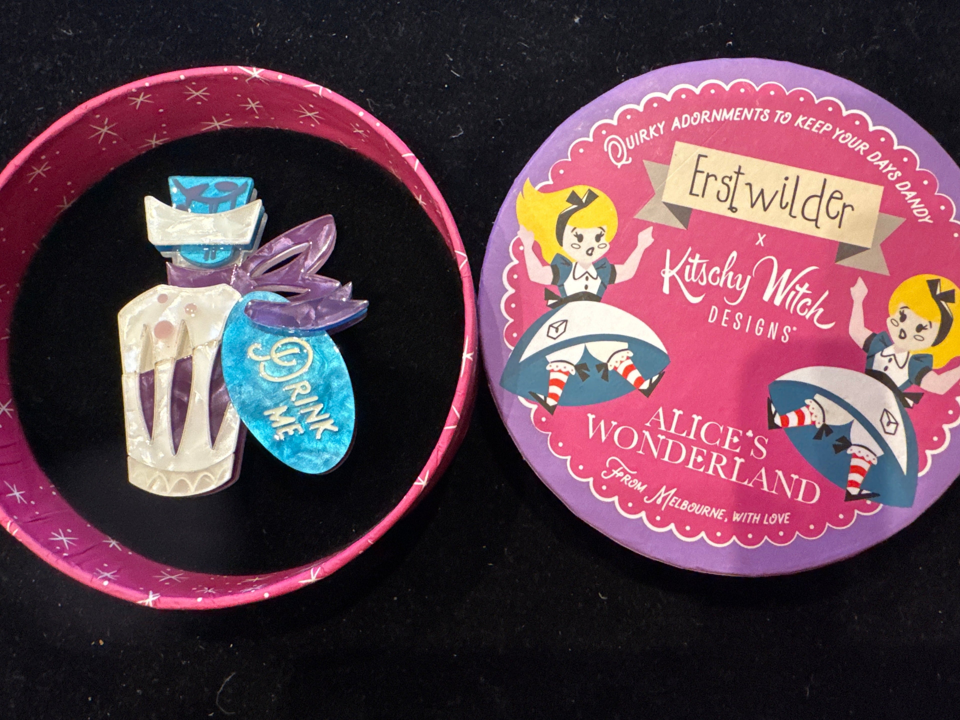 ERSTWILDER KITSCHY WITCH DESIGNS -DRINK ME  - RESIN BROOCH