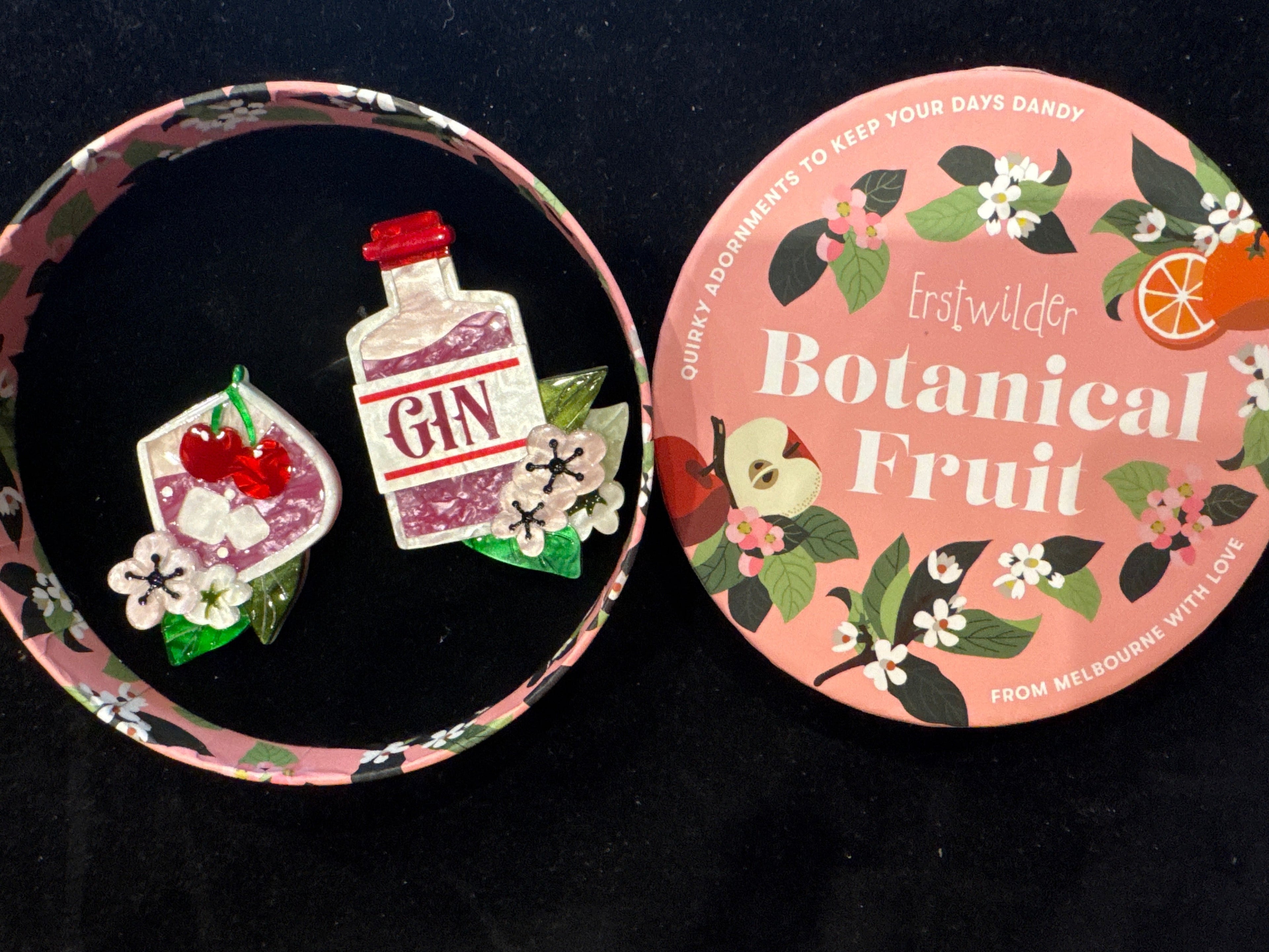 ERSTWILDER BOTANNICAL FRUIT - PINK GIN PARTY- RESIN BROOCHES RETIRED