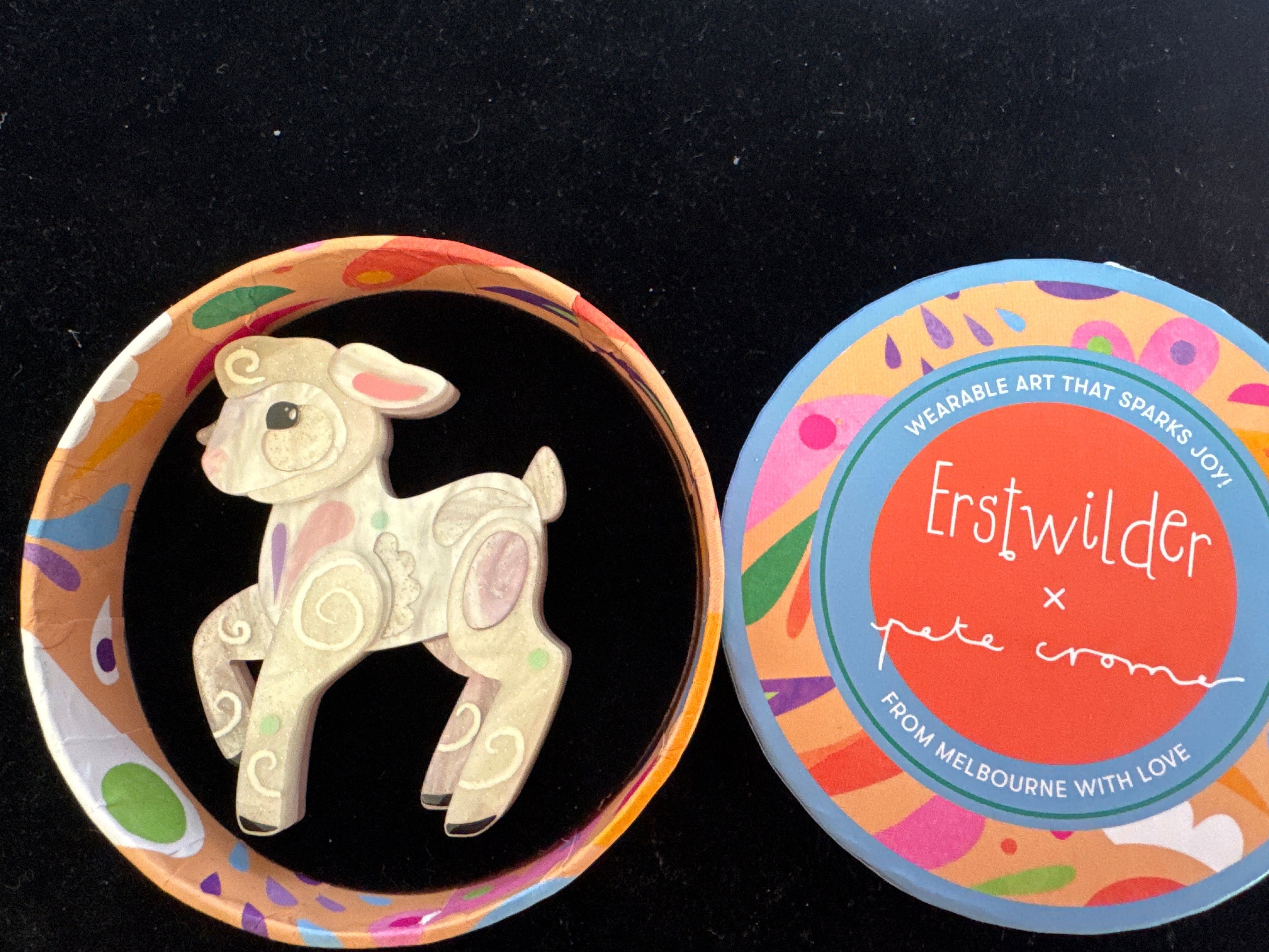 ERSTWILDER PETE CROMER EASTER - LOTTIE THE LAMB -RESIN BROOCH