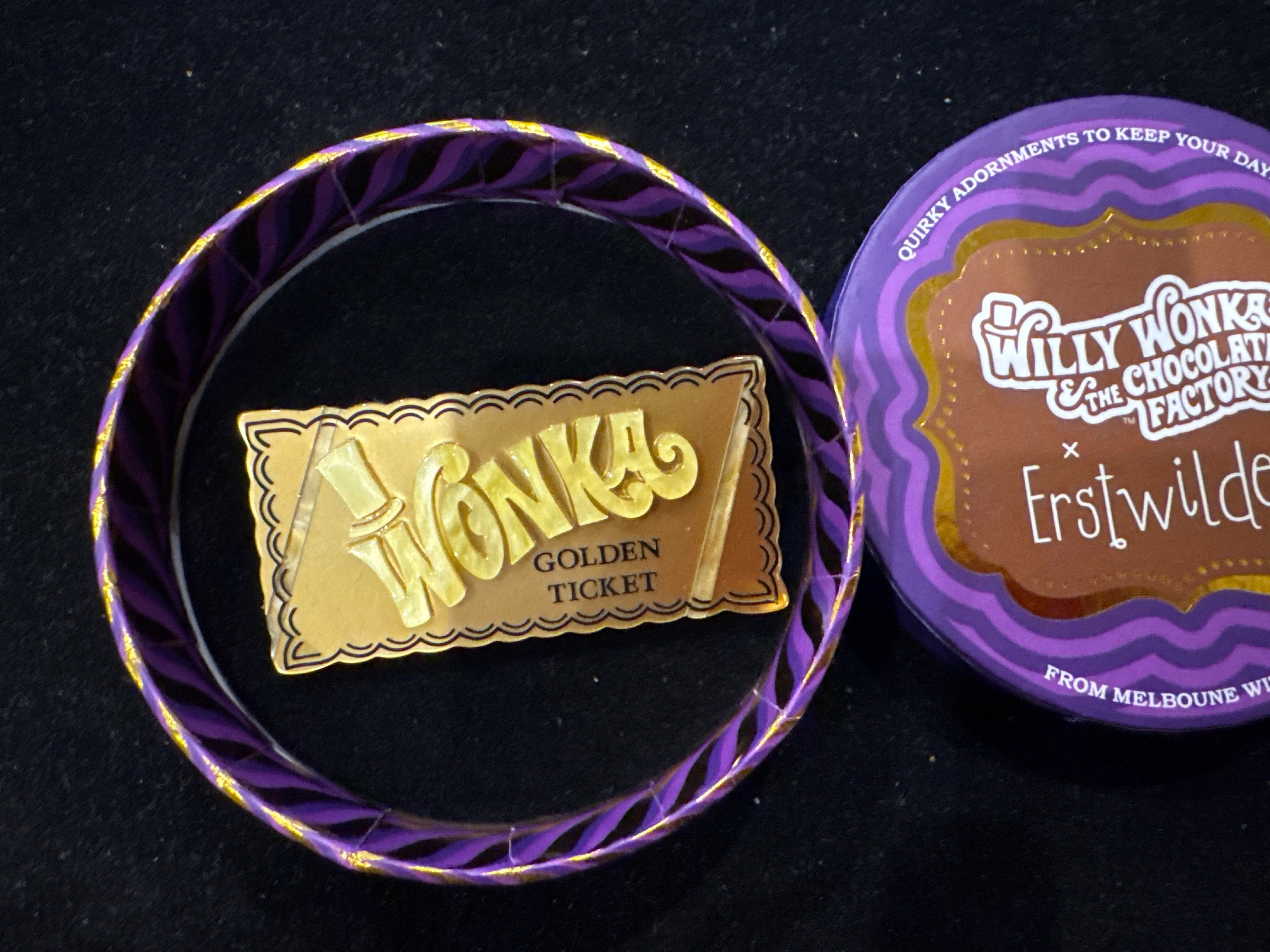 ERSTWILDER  WILLY WONKA & THE CHOCOLATE FACTORY- GOLDEN TICKET- RESIN BROOCH RETIRED