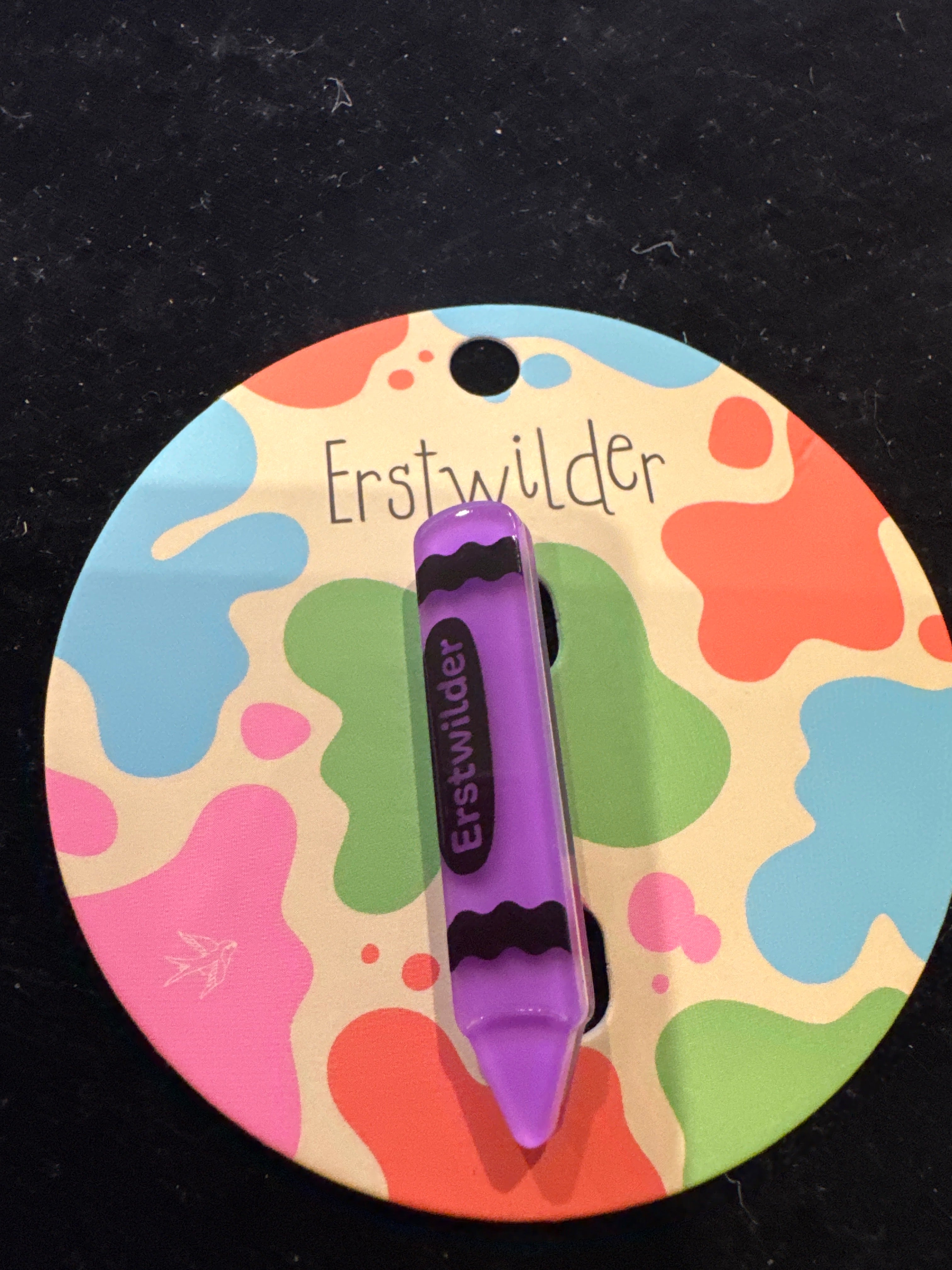 ERSTWILDER  ARTS & CRAFTS SIMPLIFIED MINIATURE- PURPLE CRAYON -RESIN BROOCH