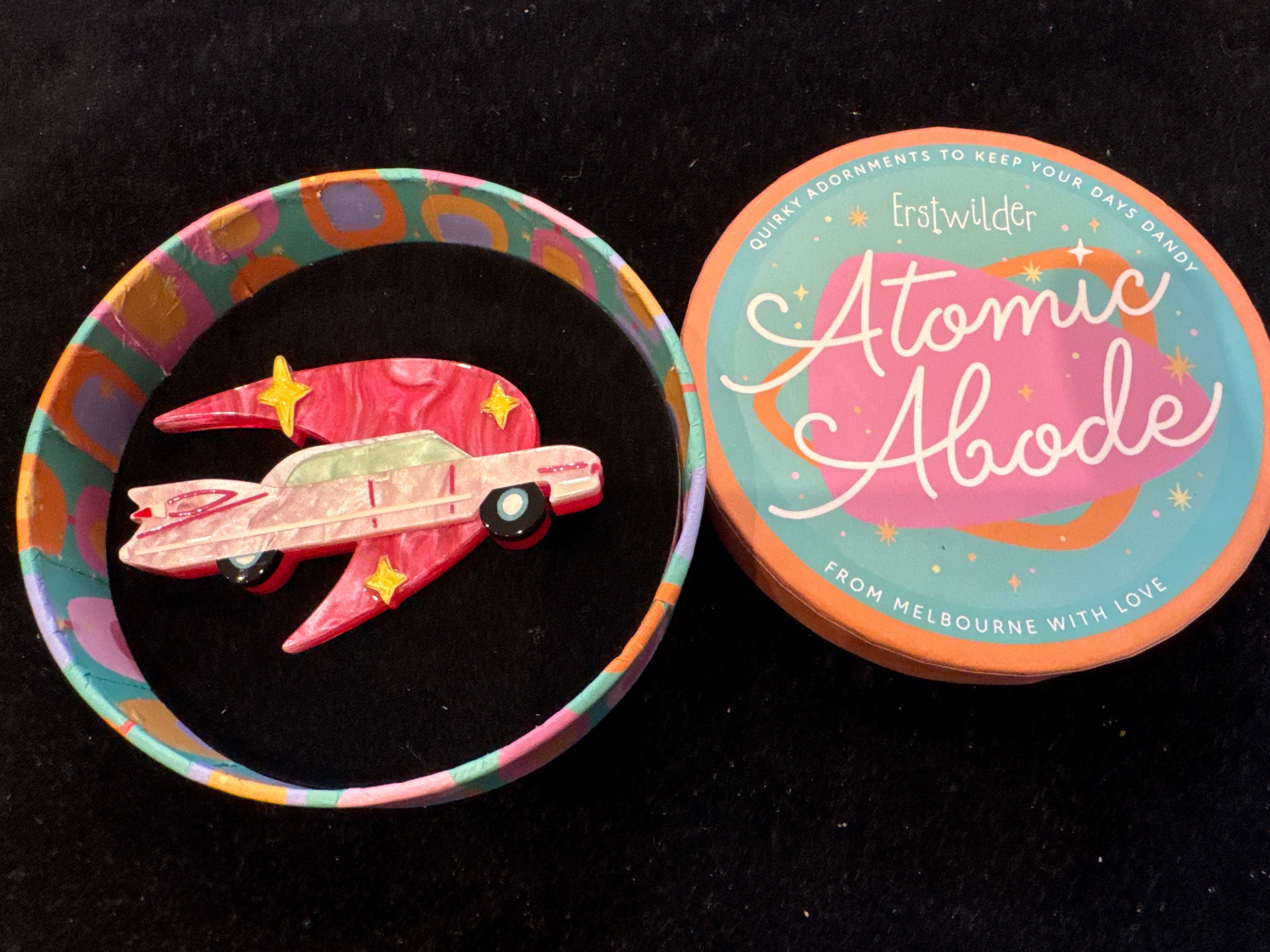 ERSTWILDER ATOMIC ABODE- ONE SMOOTH RIDE- RESIN BROOCH