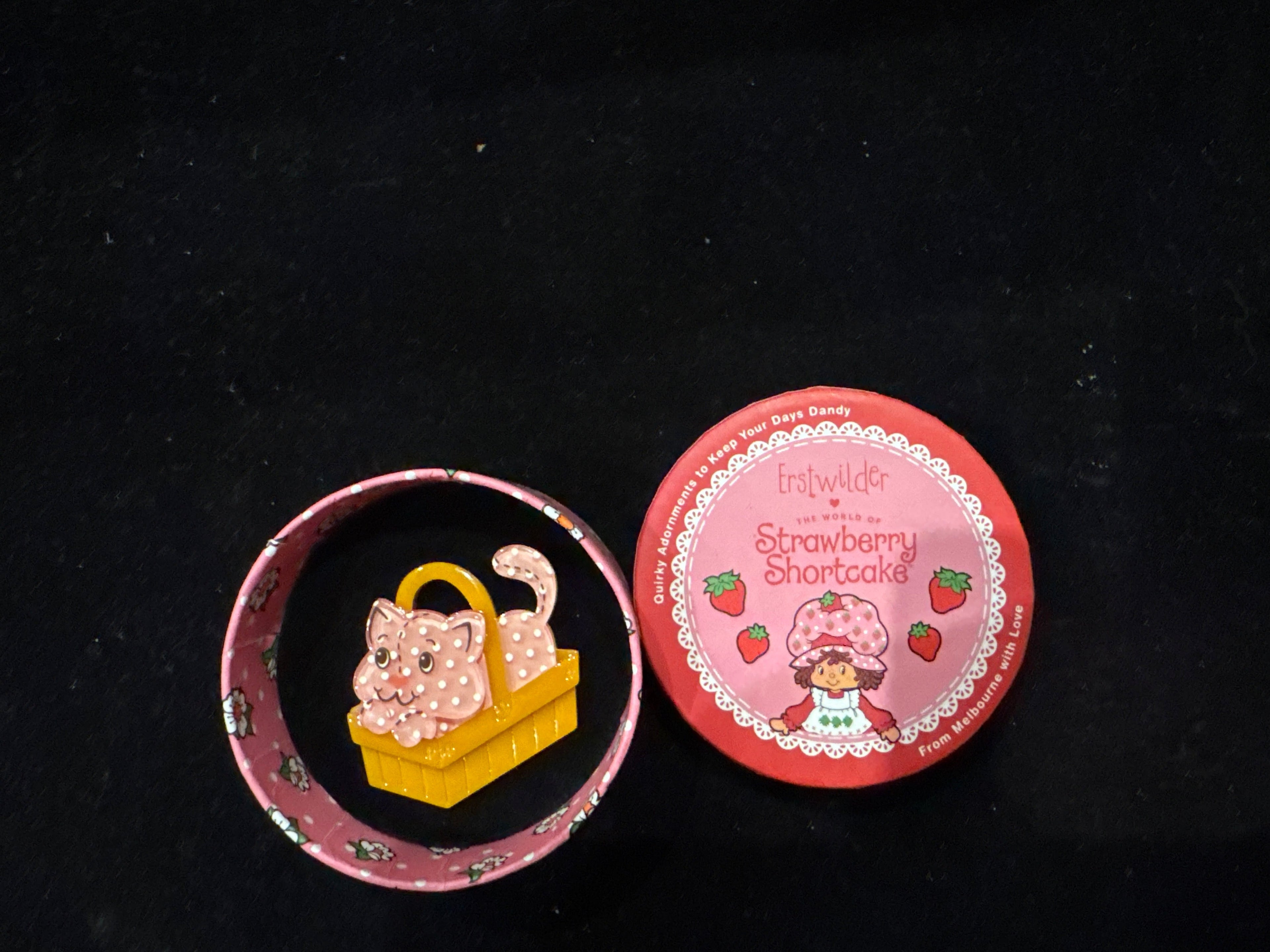 ERSTWILDER STRAWBERRY SHOTRCAKE - COZY CUSTARD CAT -RESIN BROOCH