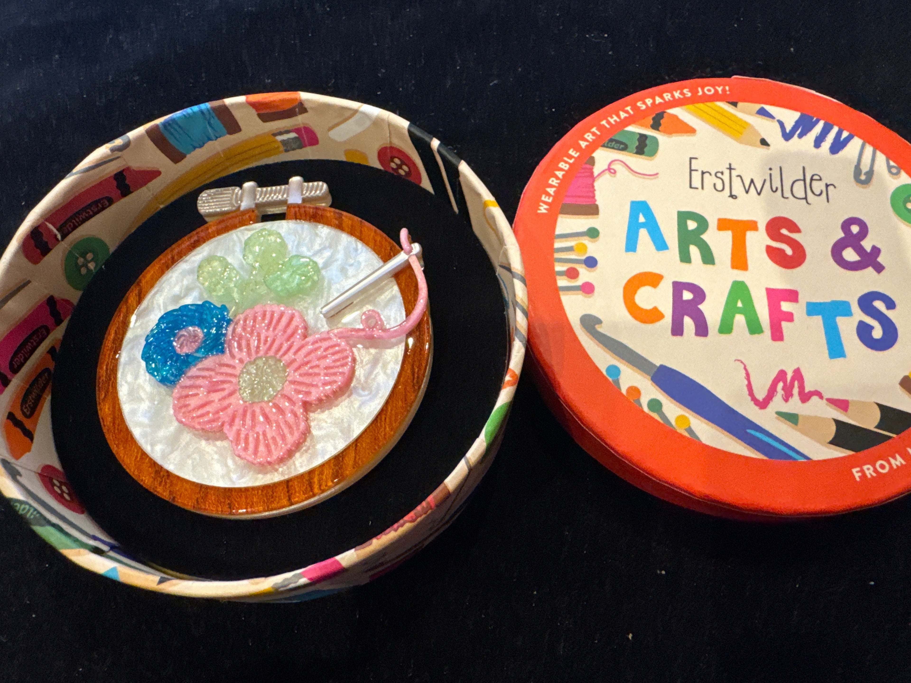 ERSTWILDER  ARTS & CRAFTS 2- STITCHED & FRAMED- RESIN BROOCH