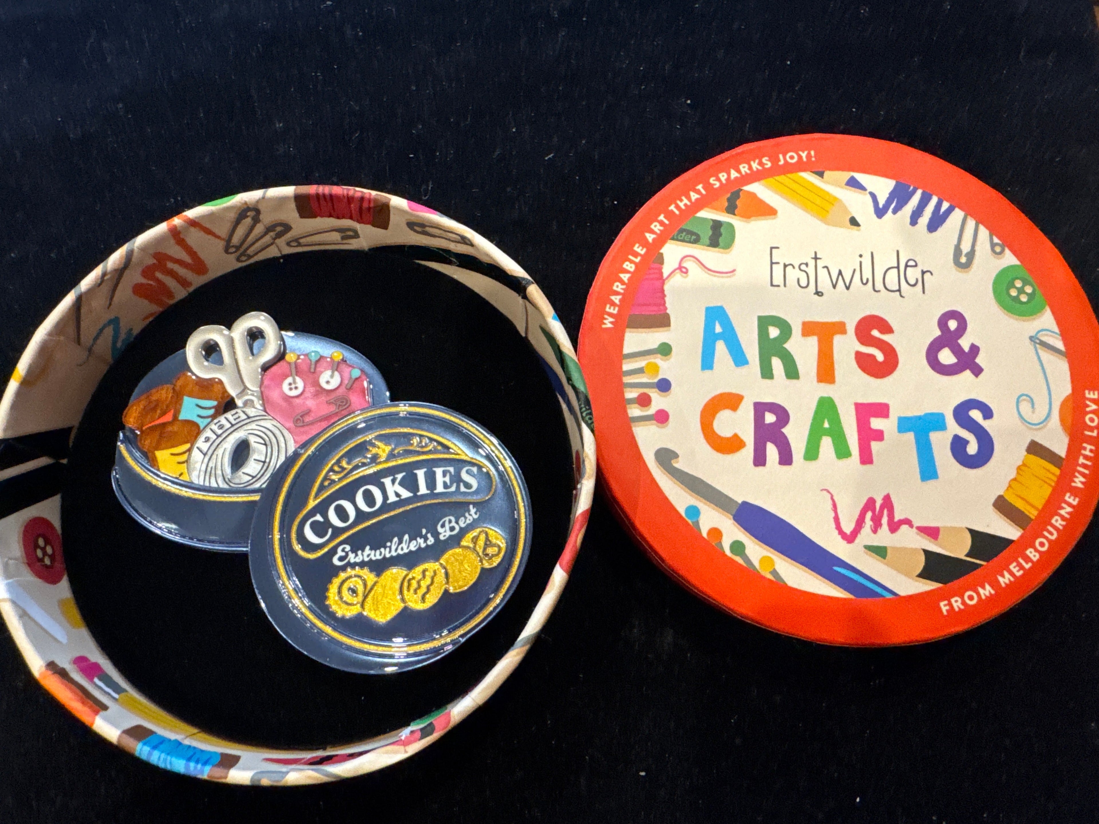 ERSTWILDER  ARTS & CRAFTS 2- COOKIE TIN SECRETS- RESIN BROOCH)