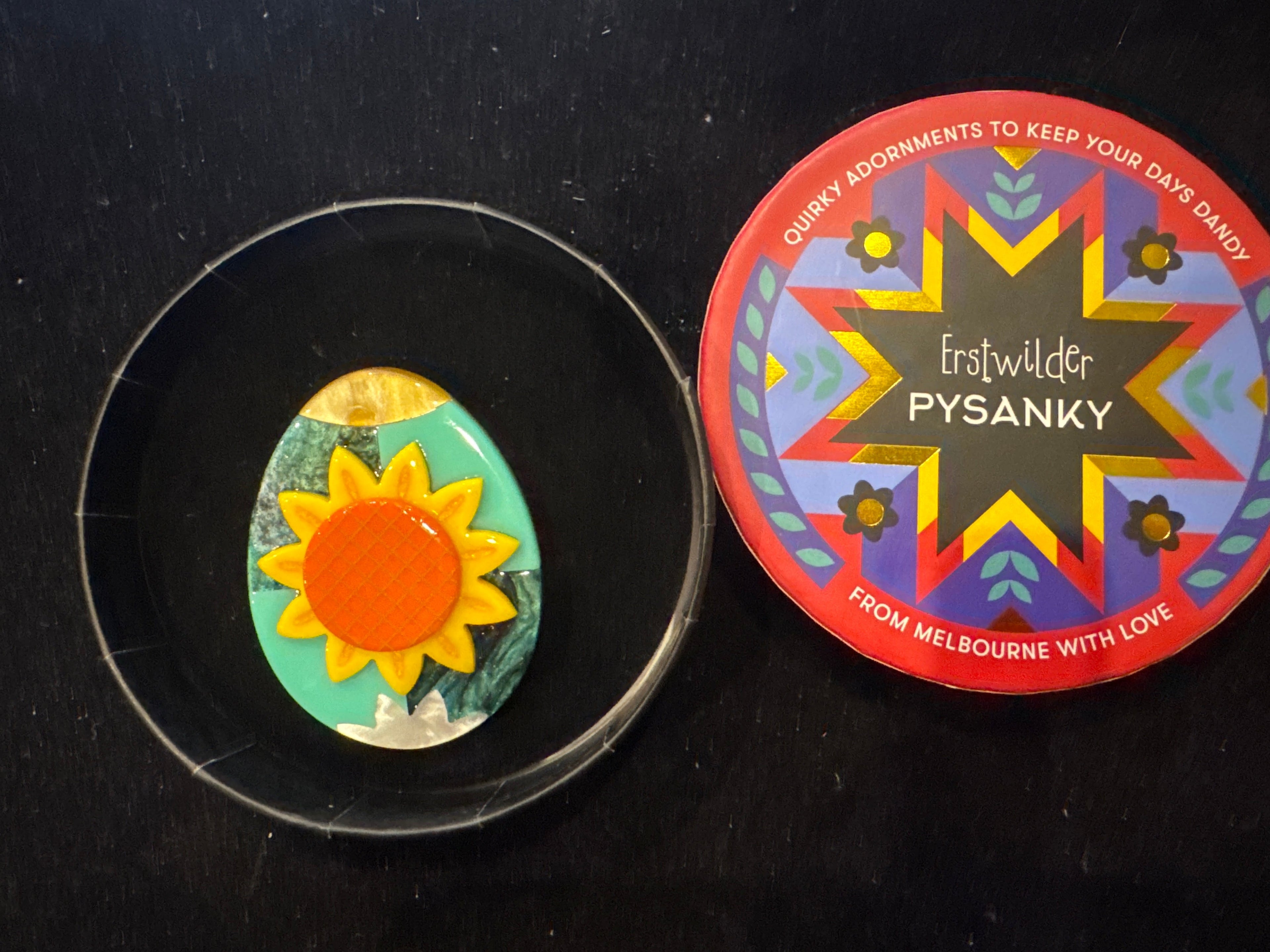 ERSTWILDER PYSANKY- SUNFLOWER OF LOVE - RESIN BROOCH RETIRED