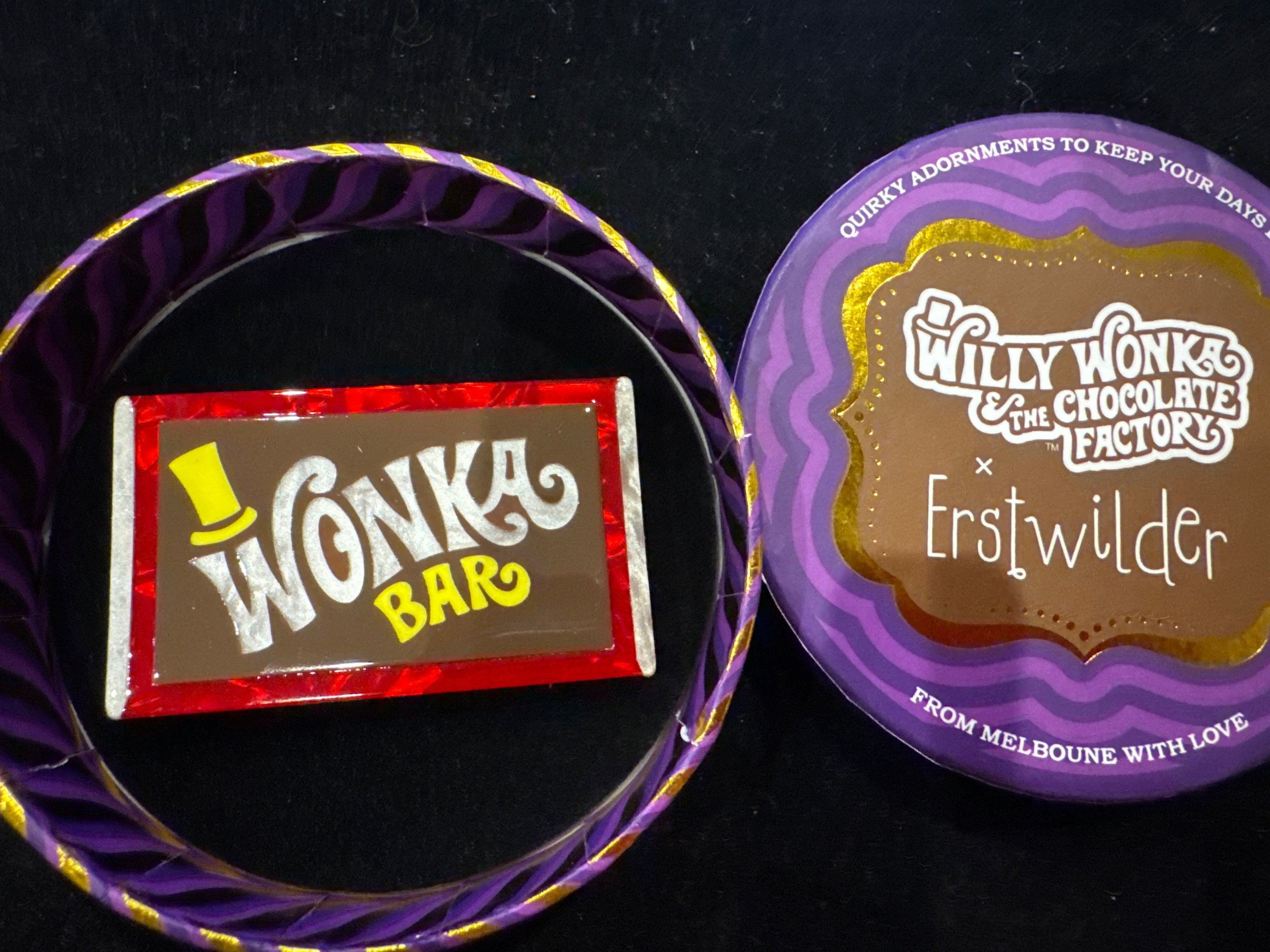 ERSTWILDER  WILLY WONKA & THE CHOCOLATE FACTORY- ORIGINAL WONKA BAR- RESIN BROOCH RETIRED