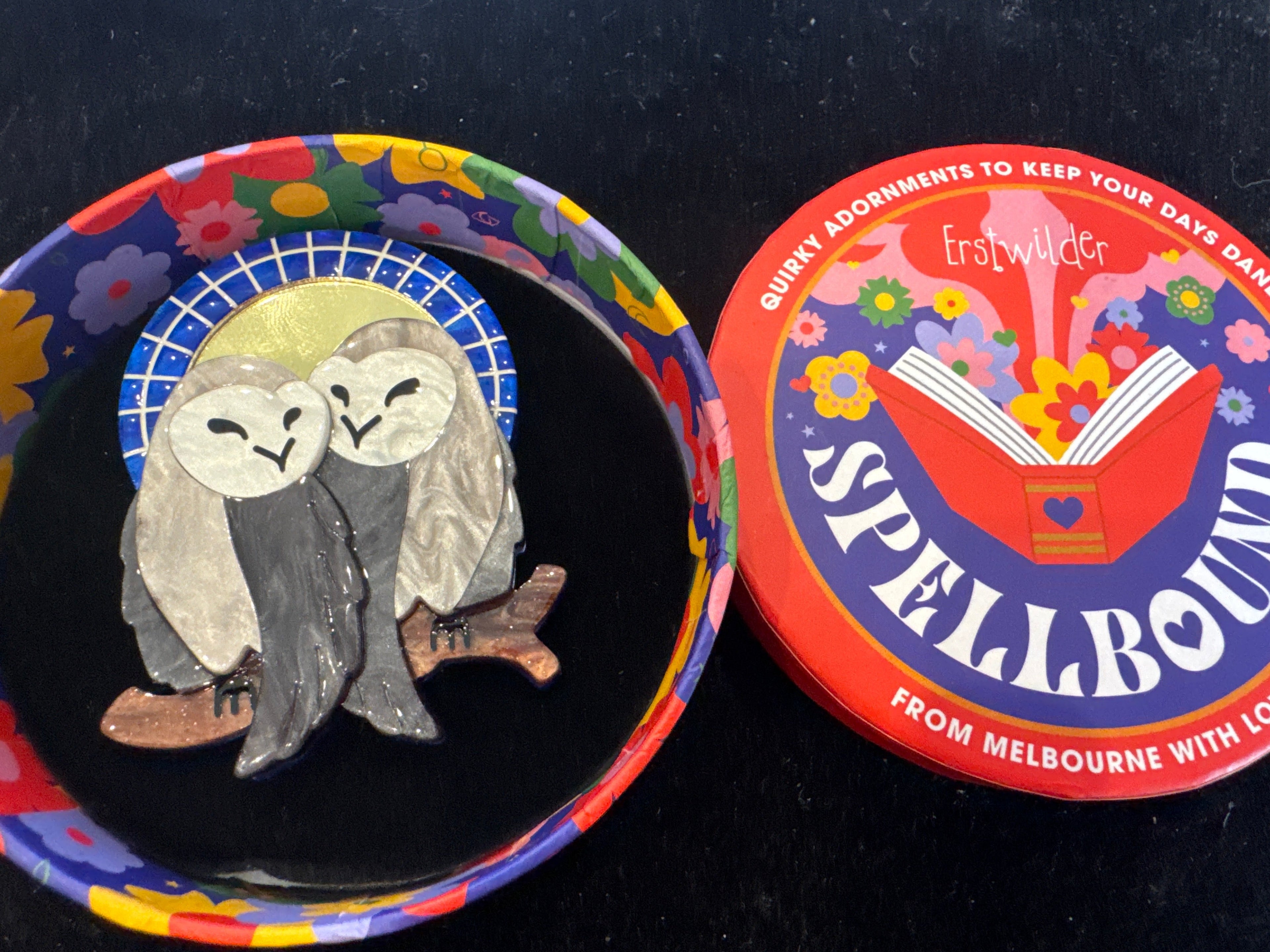 ERSTWILDER  SPELLBOUND- GOOD OMENS OWLS- RESIN BROOCH