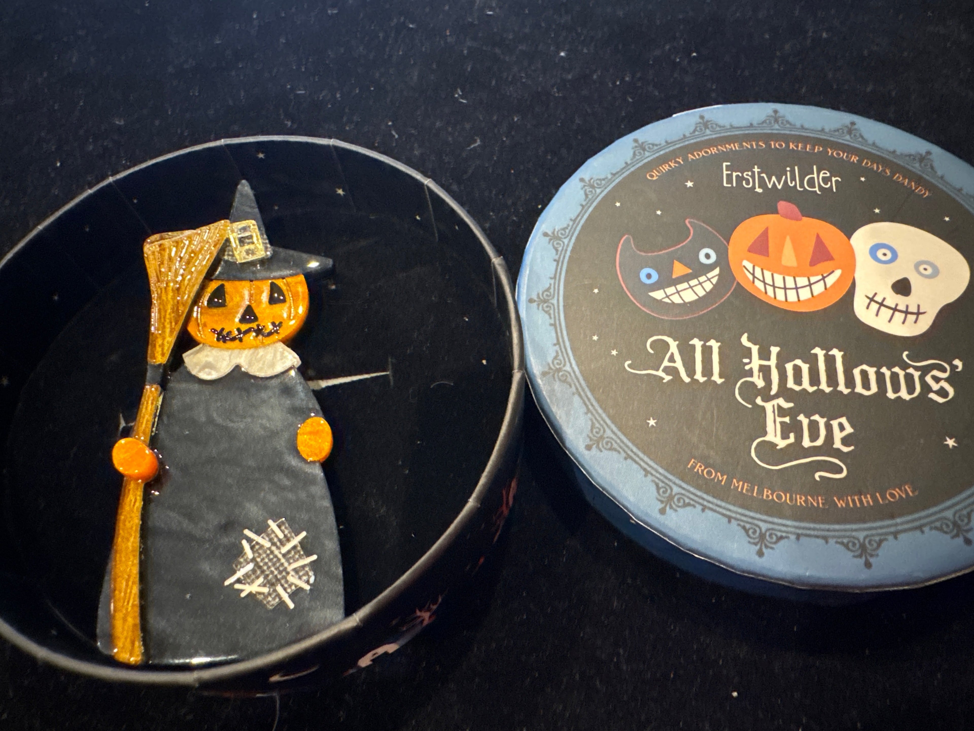 ERSTWILDER ALL HALLOWS EVE- THE STITCHED WITCH- RESIN BROOCH