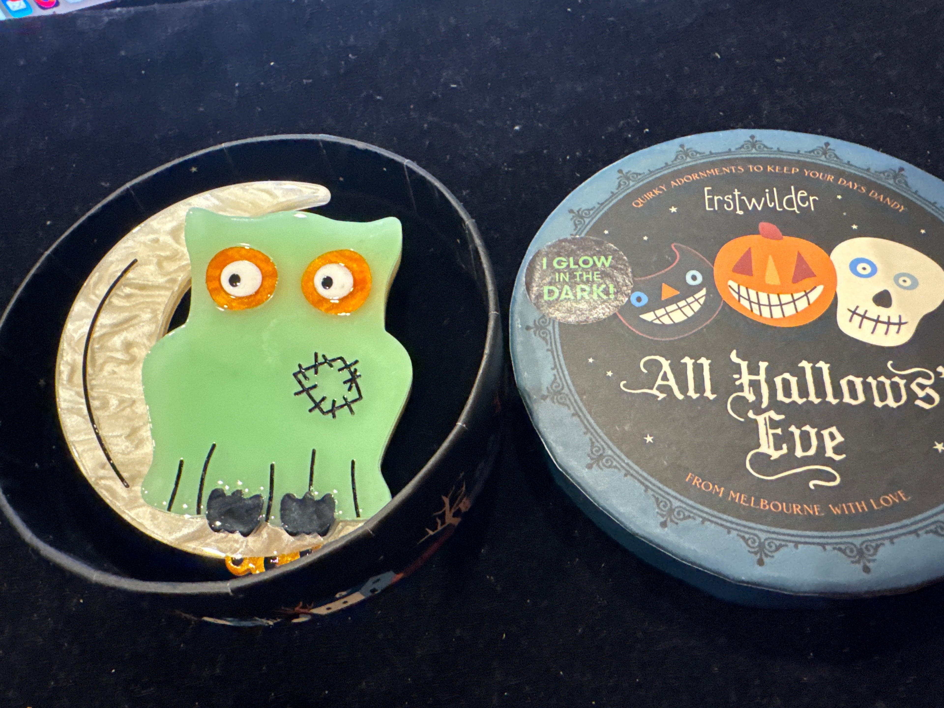 ERSTWILDER ALL HALLOWS EVE- A MOST GHOSTLY OWL- RESIN BROOCH
