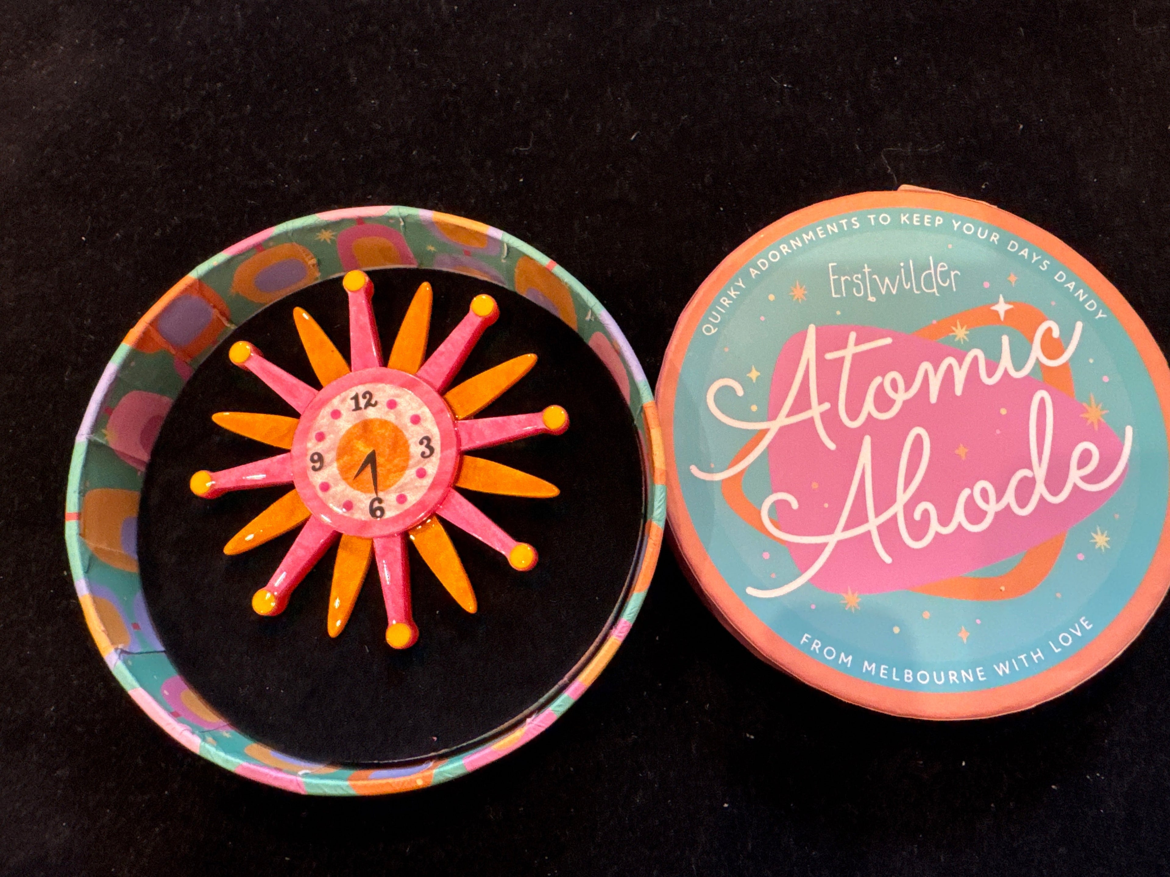 ERSTWILDER ATOMIC ABODE- STARBURST CLOCK- RESIN BROOCH