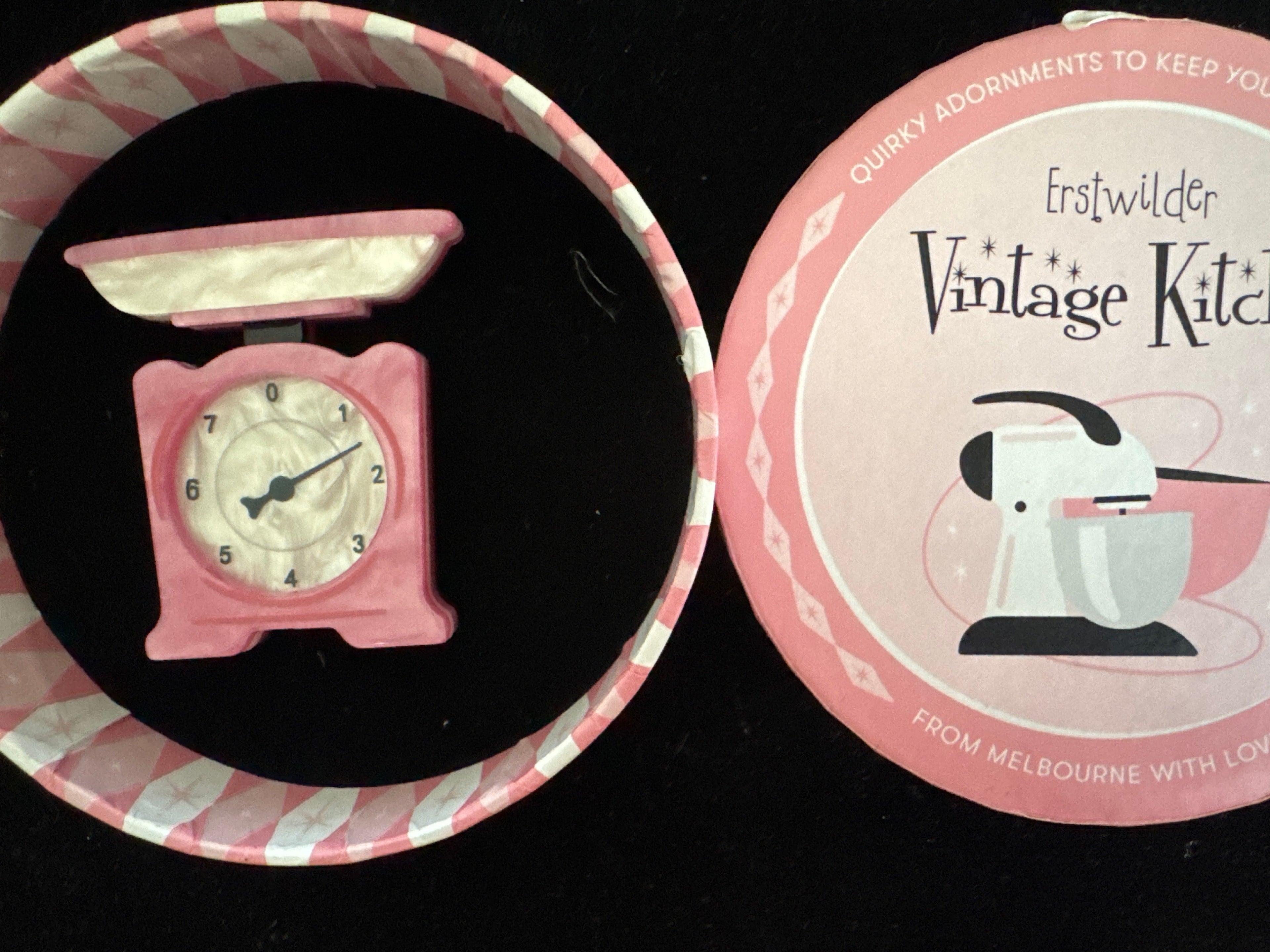 ERSTWILDER  VINTAGE KITCHEN PINK- BALANCE THE SCALES -RESIN BROOCH
