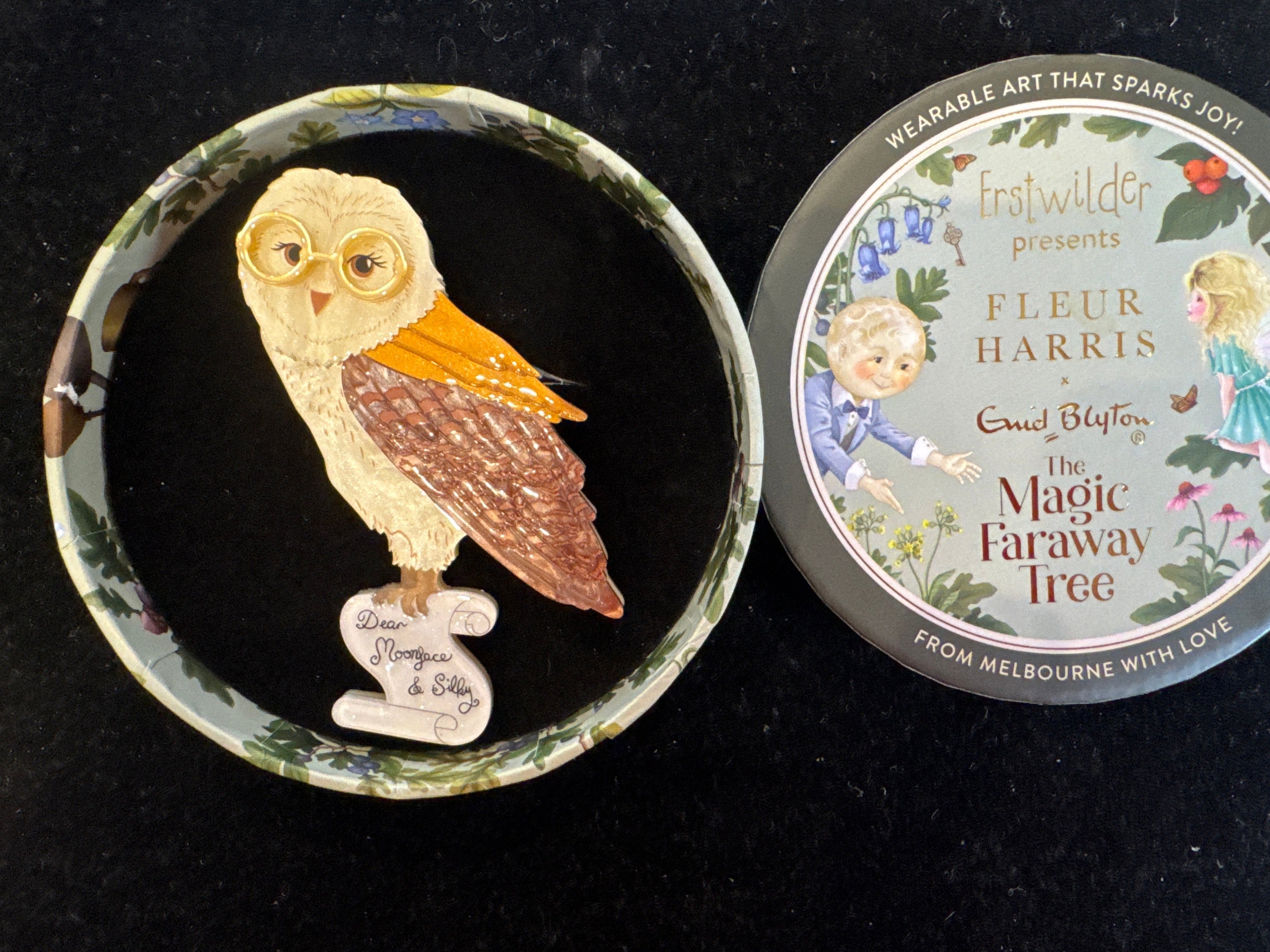 ERSTWILDER FLEUR HARRIS ENID BLYTON THE MAGIC FARAWAY -BARNY OWL - RESIN BROOCH