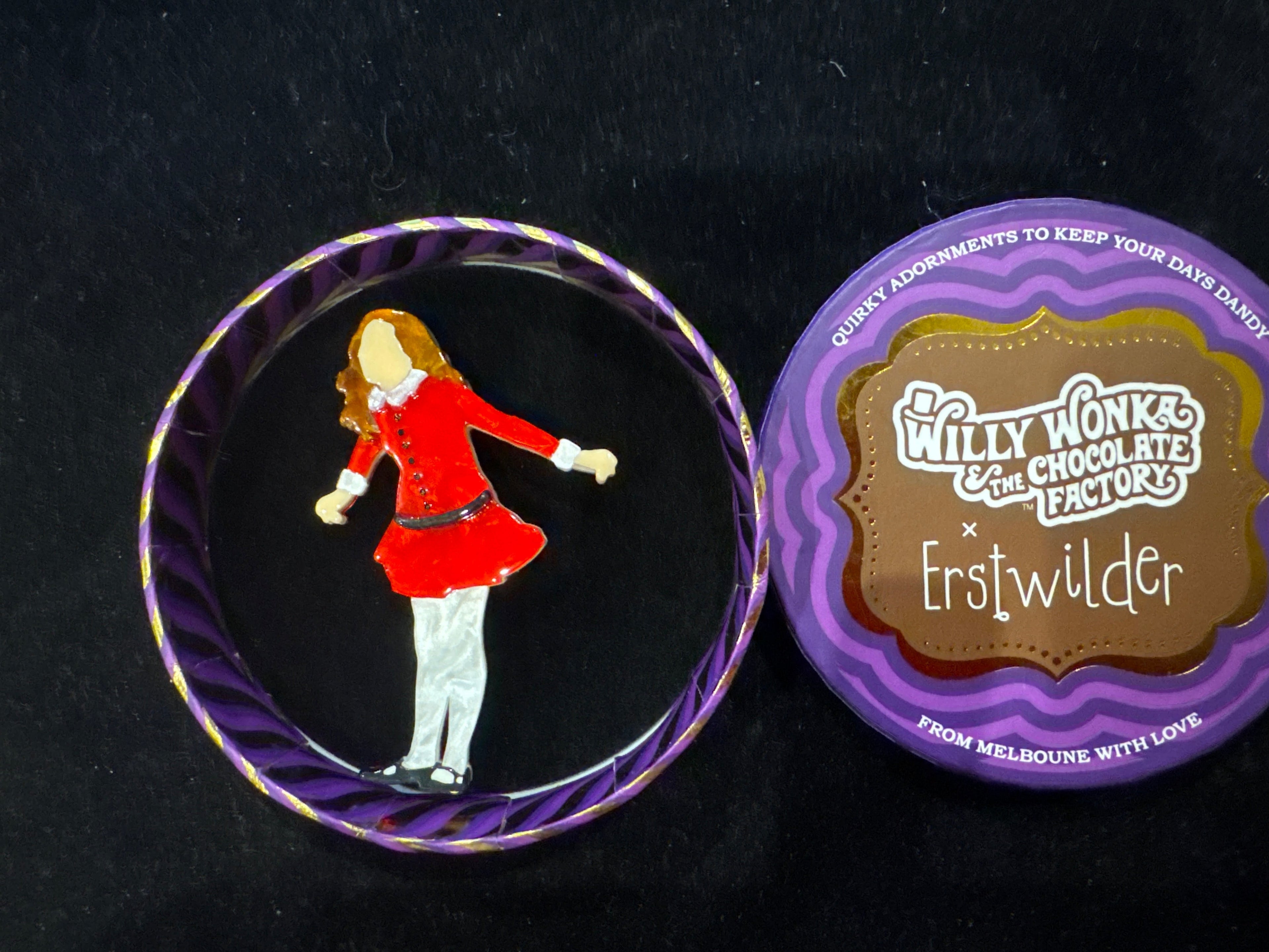 ERSTWILDER  WILLY WONKA & THE CHOCOLATE FACTORY- VERUCA SALT- RESIN BROOCH RETIRED