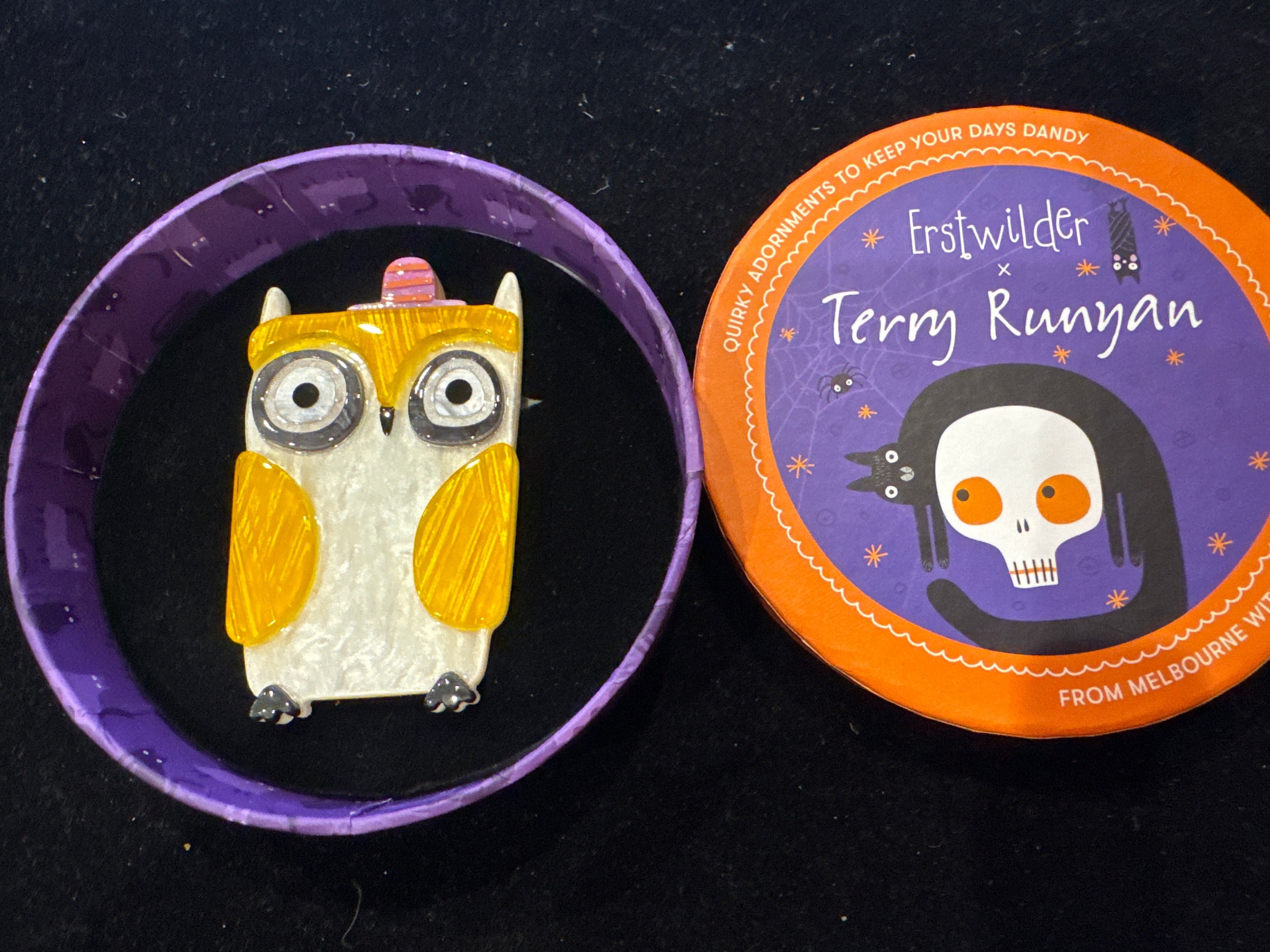 ERSTWILDER TERRY RUNYAN- OWL-O-WEEN RESIN BROOCH
