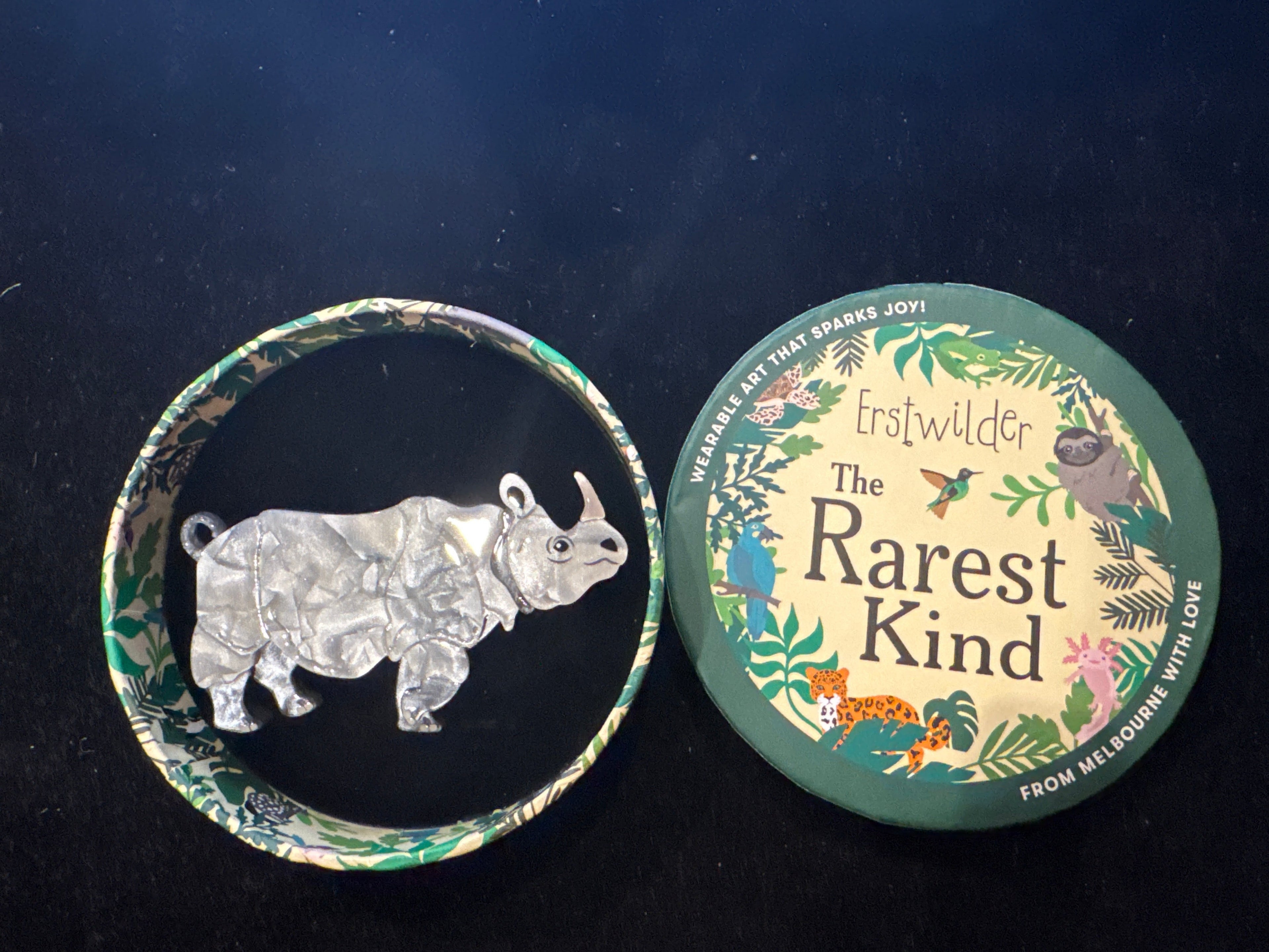 ERSTWILDER THE RAREST KIND -JAVAN RHINO - RESIN BROOCH