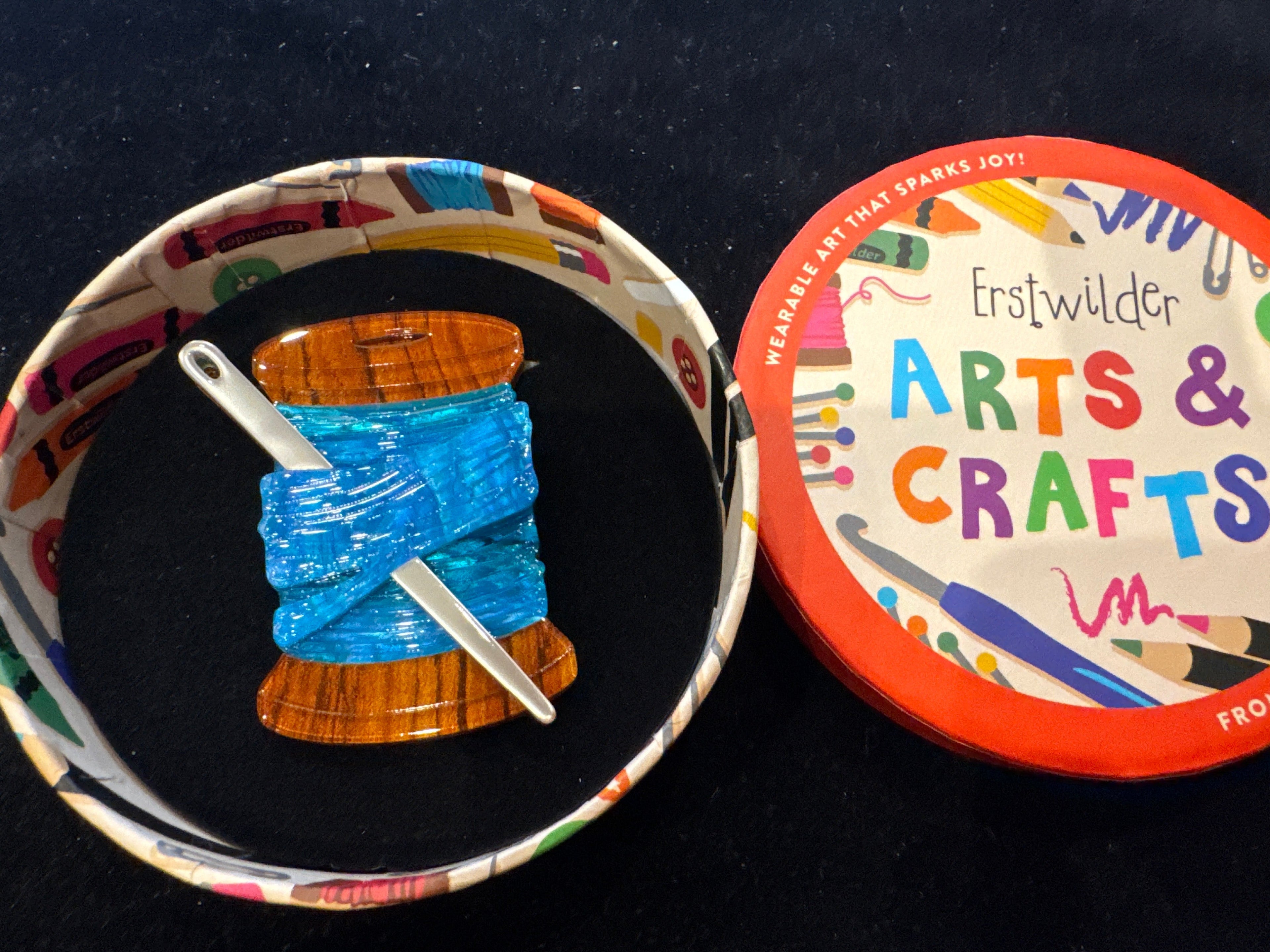ERSTWILDER  ARTS & CRAFTS 2-  THREAD THE NEEDLE- RESIN BROOCH)