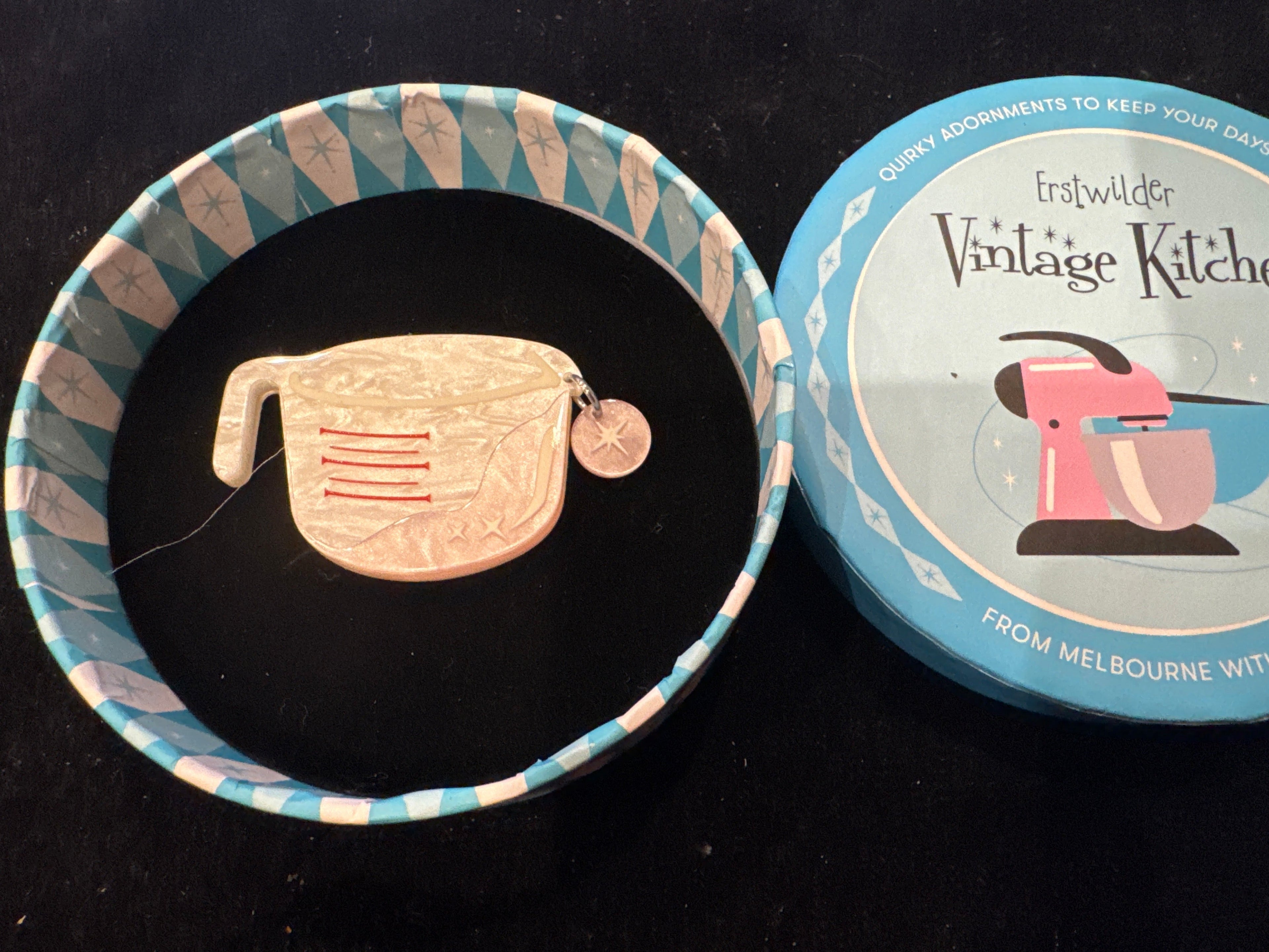ERSTWILDER VINTAGE KITCHEN BLUE- MEASURE TWICE, POUR ONCE- RESIN BROOCH