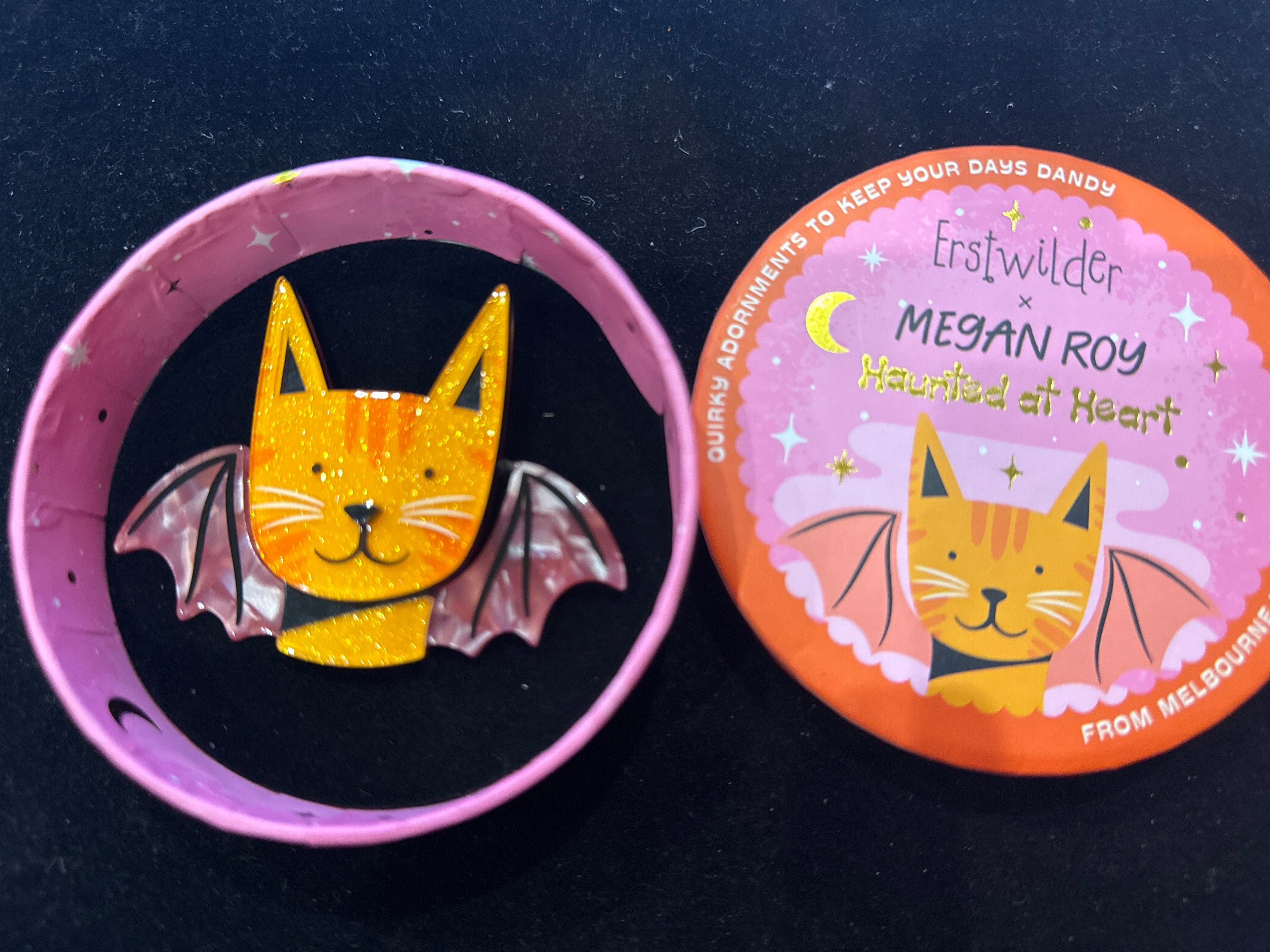ERSTWILDER MEGAN ROY HAUNTED AT HEART-WINGED KITTY- RESIN BROOCH