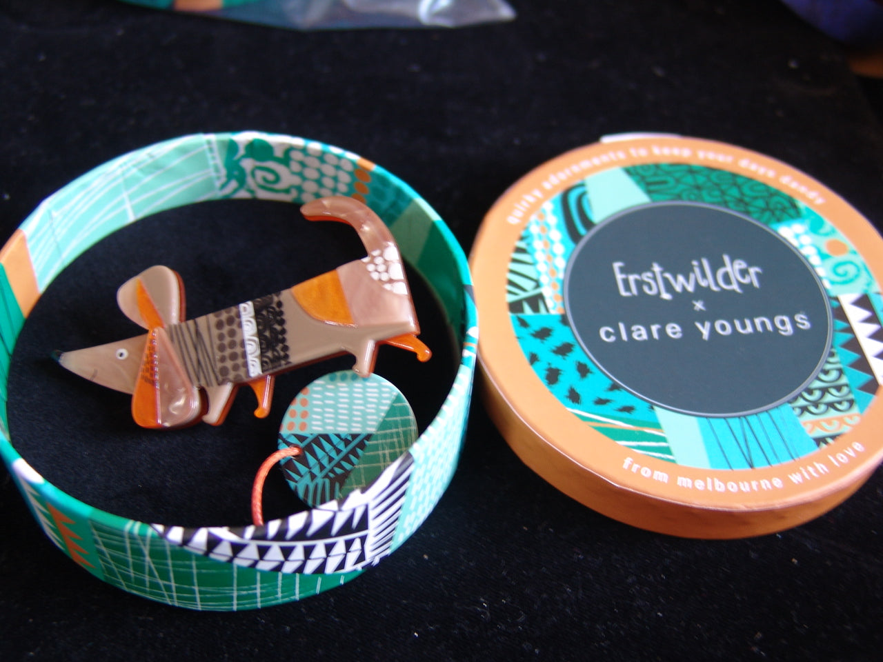 ERSTWILDER CLARE YOUNGS - A DACHSHUND NAMED BARK- RESIN BROOCH