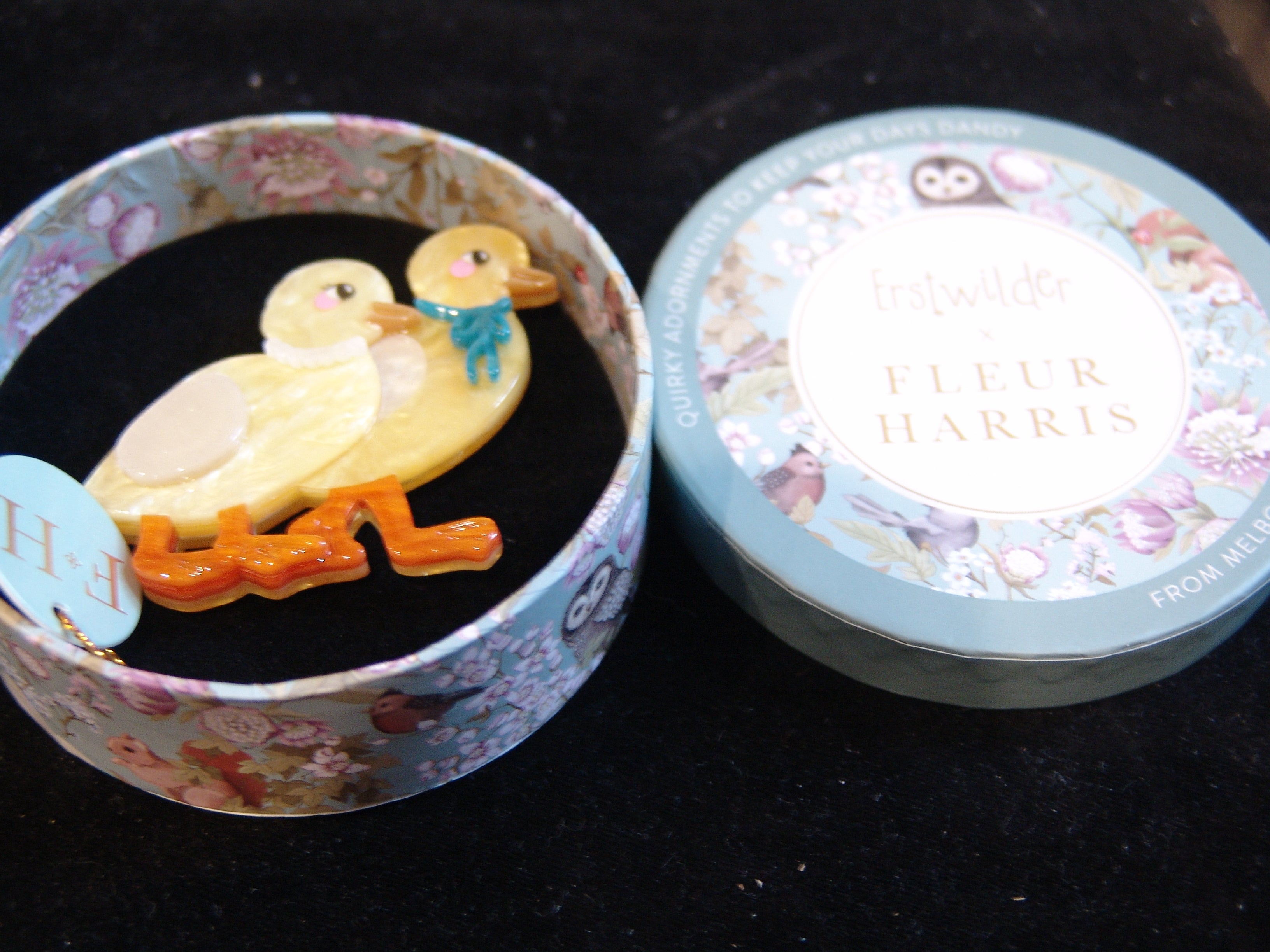 ERSTWILDER  FLEUR HARRIS - WELL DRESSED DUCKLINGS- RESIN BROOCH