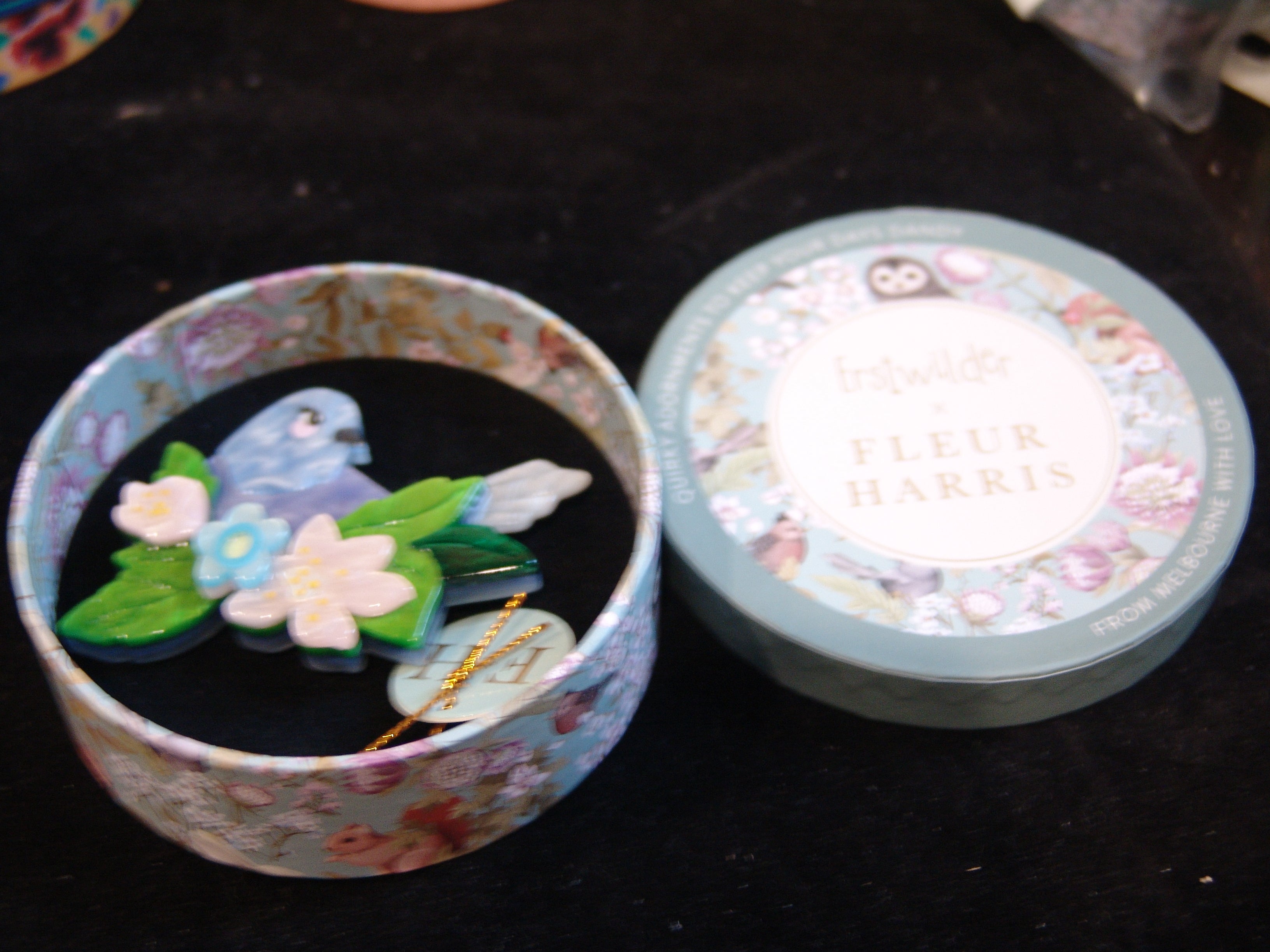 ERSTWILDER  FLEUR HARRIS - GENTLE BLUEBIRD- RESIN BROOCH