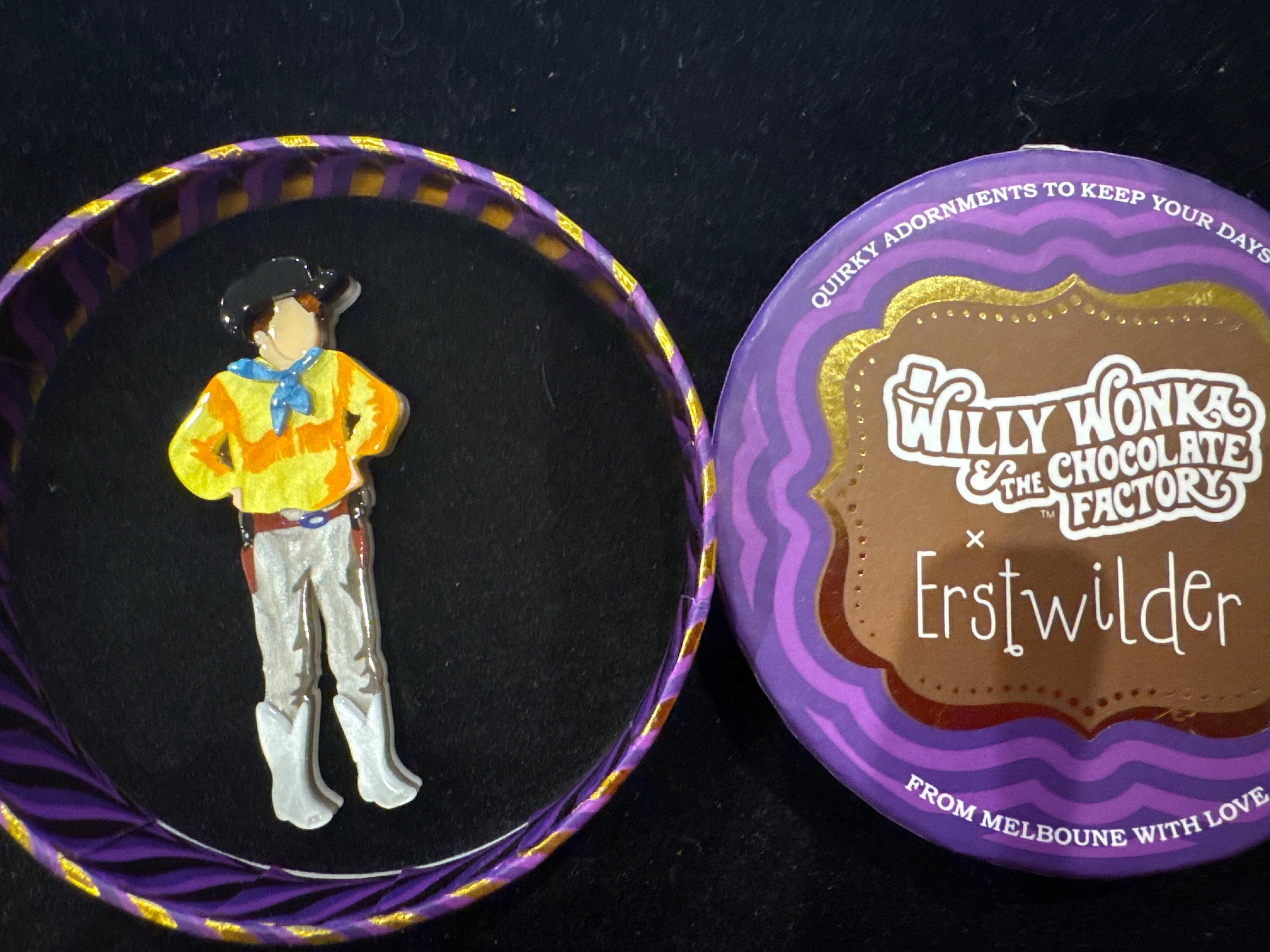 ERSTWILDER  WILLY WONKA & THE CHOCOLATE FACTORY- MIKE TEEVEE- RESIN BROOCH RETIRED