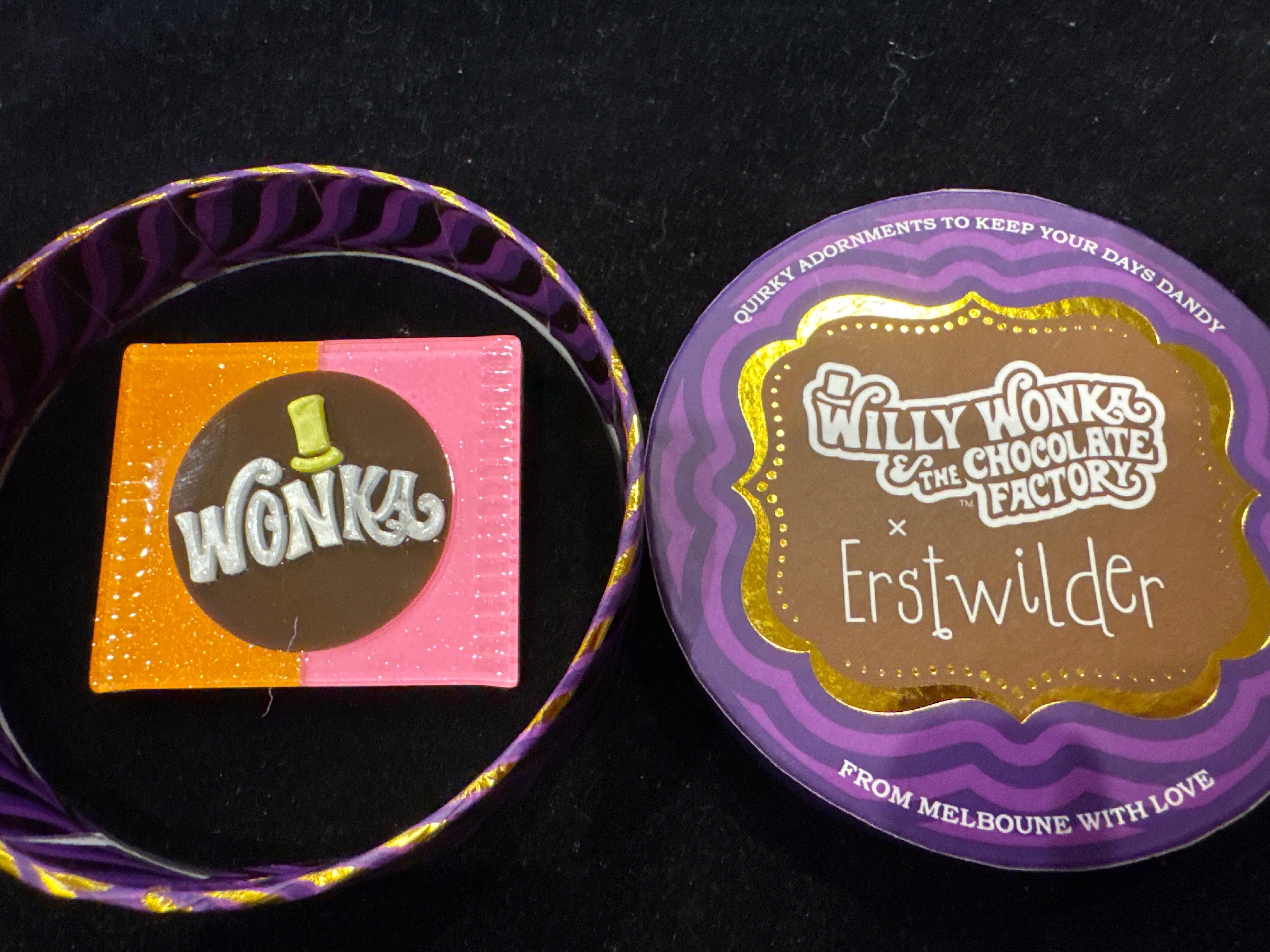 ERSTWILDER  WILLY WONKA & THE CHOCOLATE FACTORY- WILLY WONKA BAR- RESIN BROOCH RETIRED