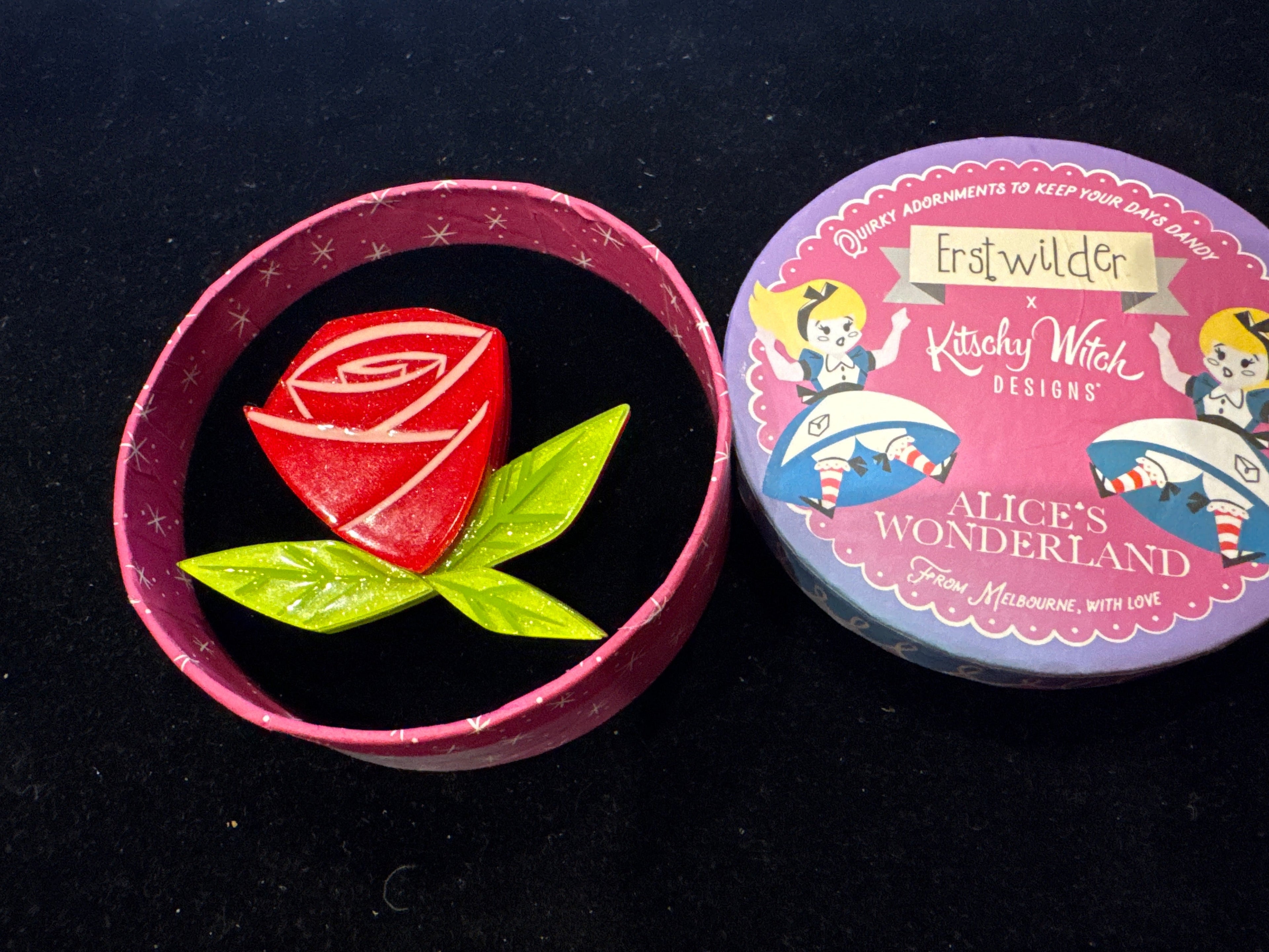 ERSTWILDER KITSCHY WITCH DESIGNS - PAINTED ROSE - RESIN BROOCH