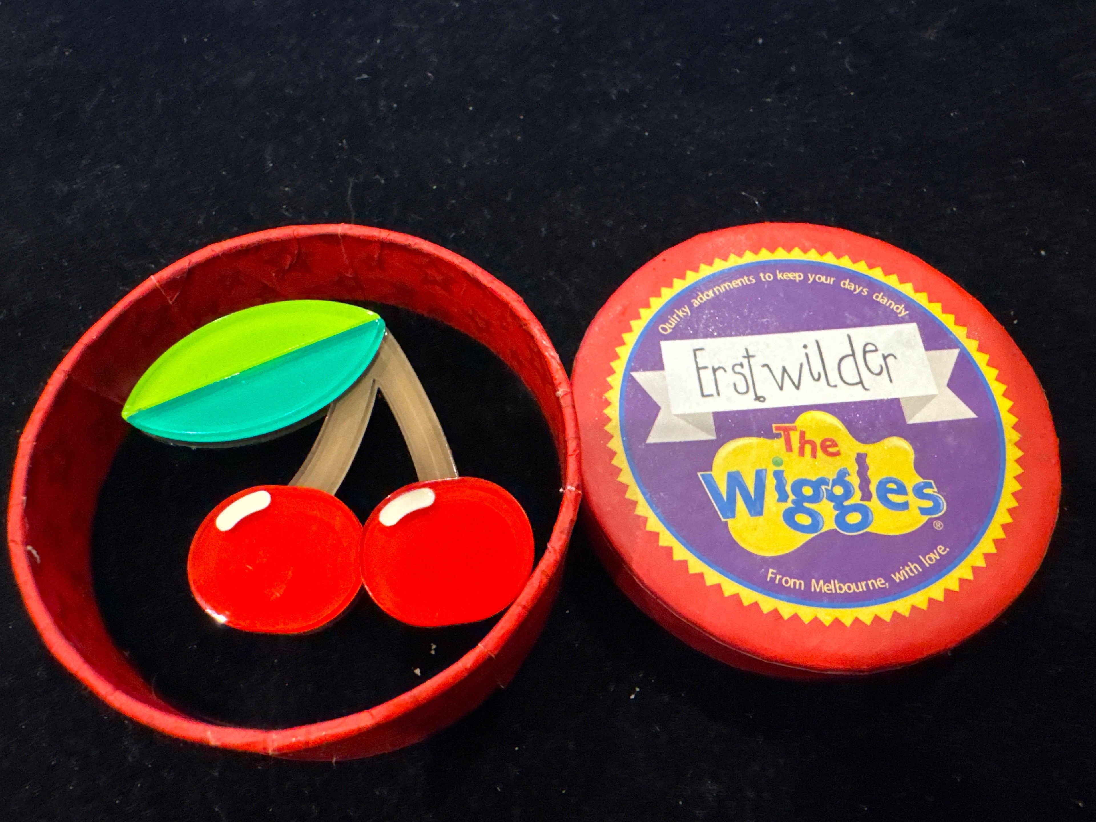 ERSTWILDER  WIGGLES - FRUIT SALAD CHERRIES -MINIATURE RESIN BROOCH