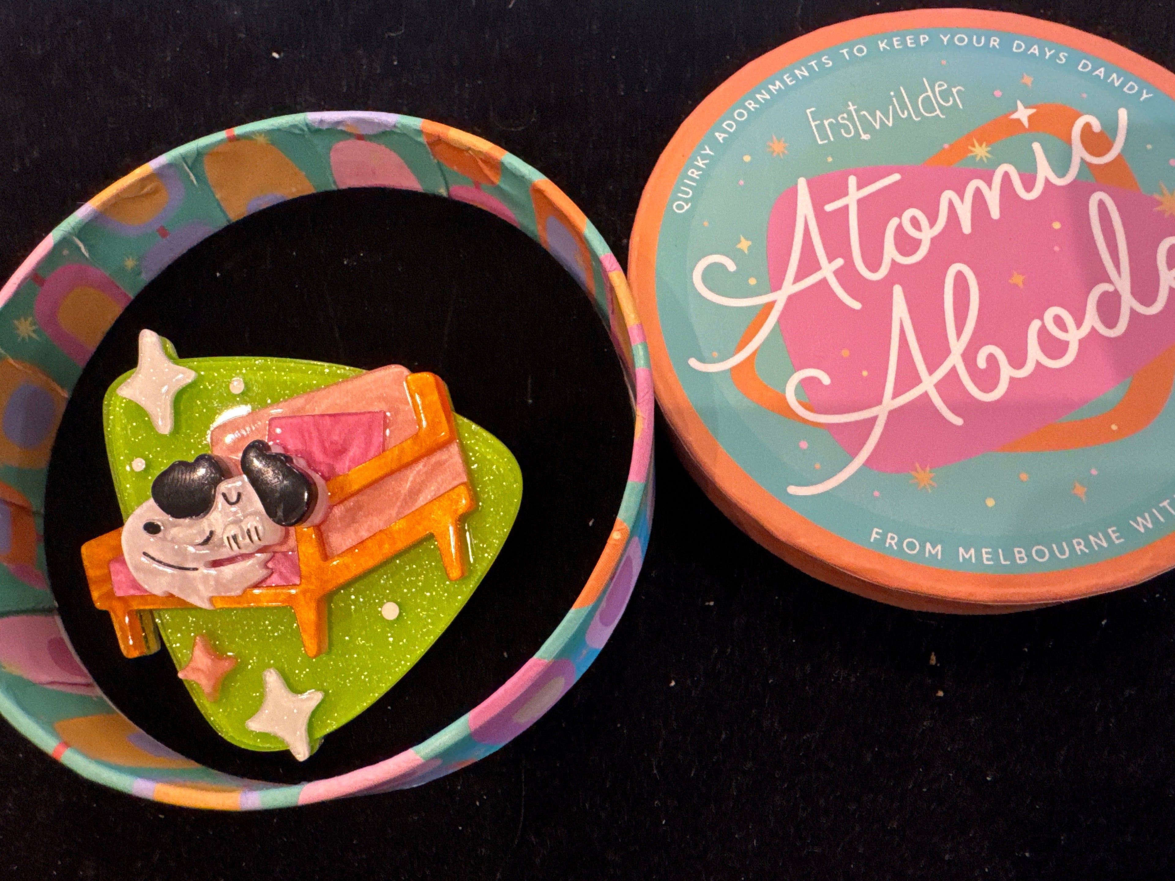 ERSTWILDER ATOMIC ABODE- RICHARD THE RESTING POOCH- RESIN BROOCH
