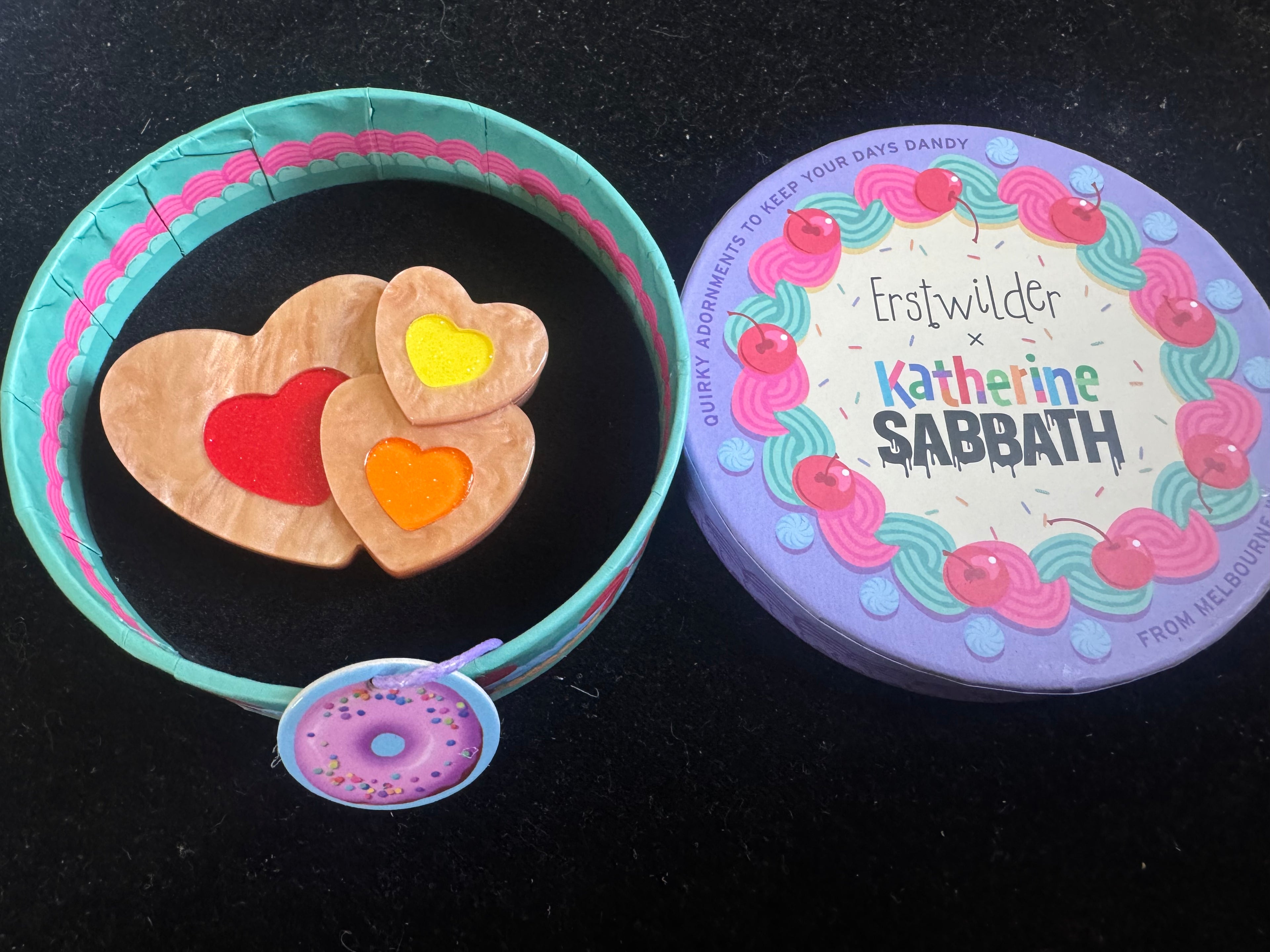 ERSTWILDER KATHERINE SABBATH-LOLLY HEART COOKIES- RESIN BROOCH
