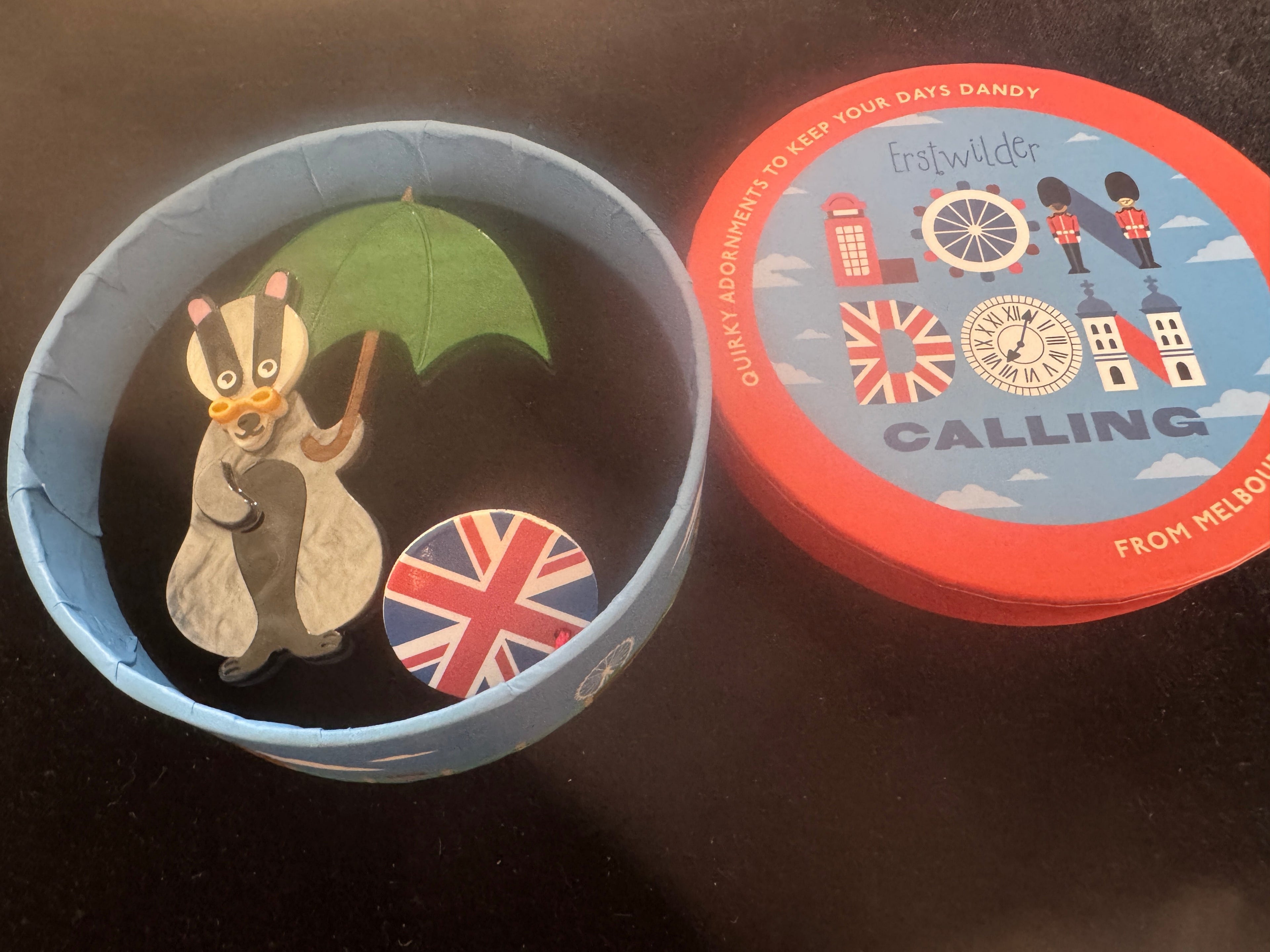ERSTWILDER LONDON CALLING COLLECTIONBILL THE BADGER -Resin Brooch