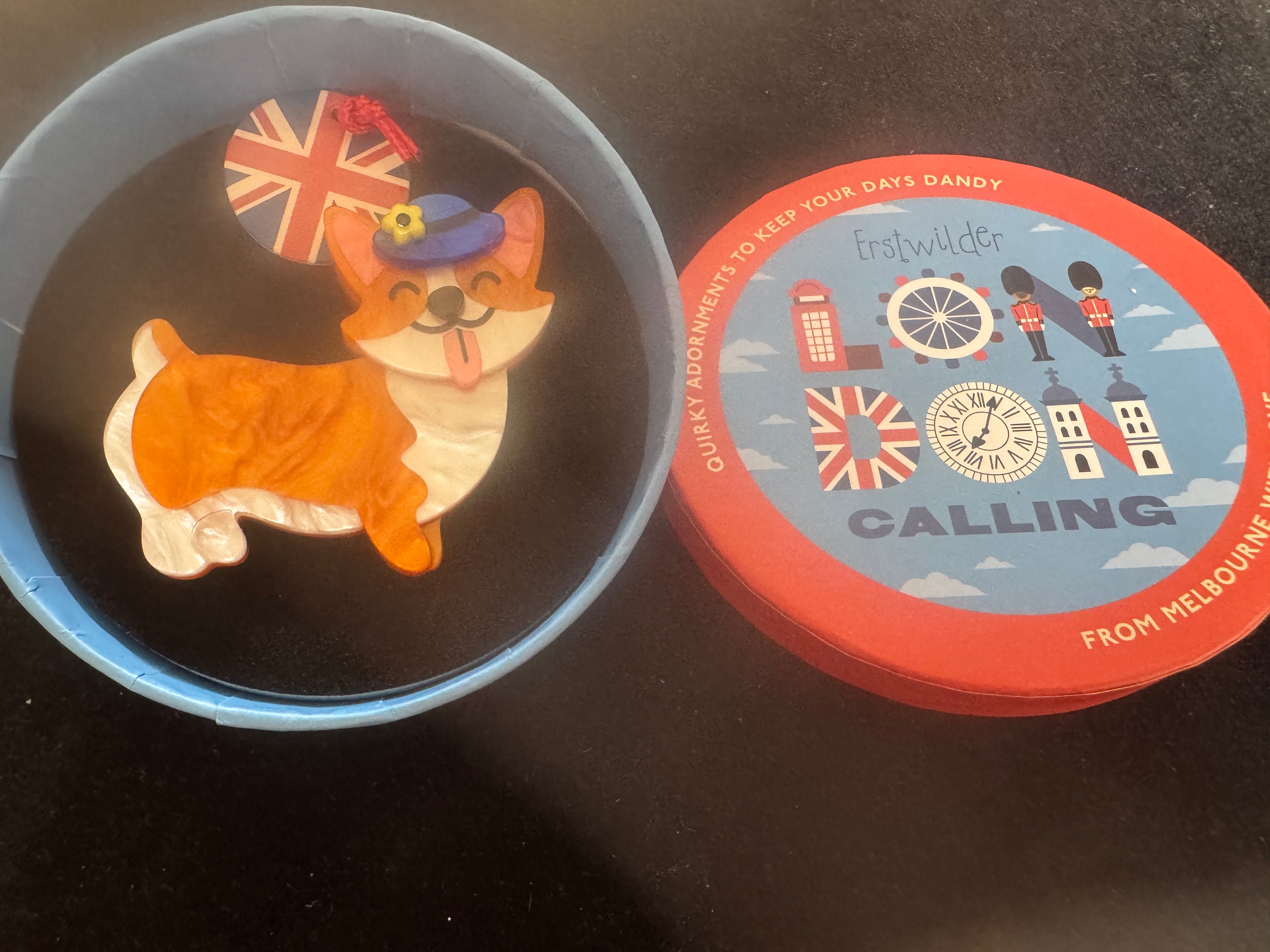 ERSTWILDER LONDON CALLING COLLECTION SUSAN THE CORGI -Resin Brooch