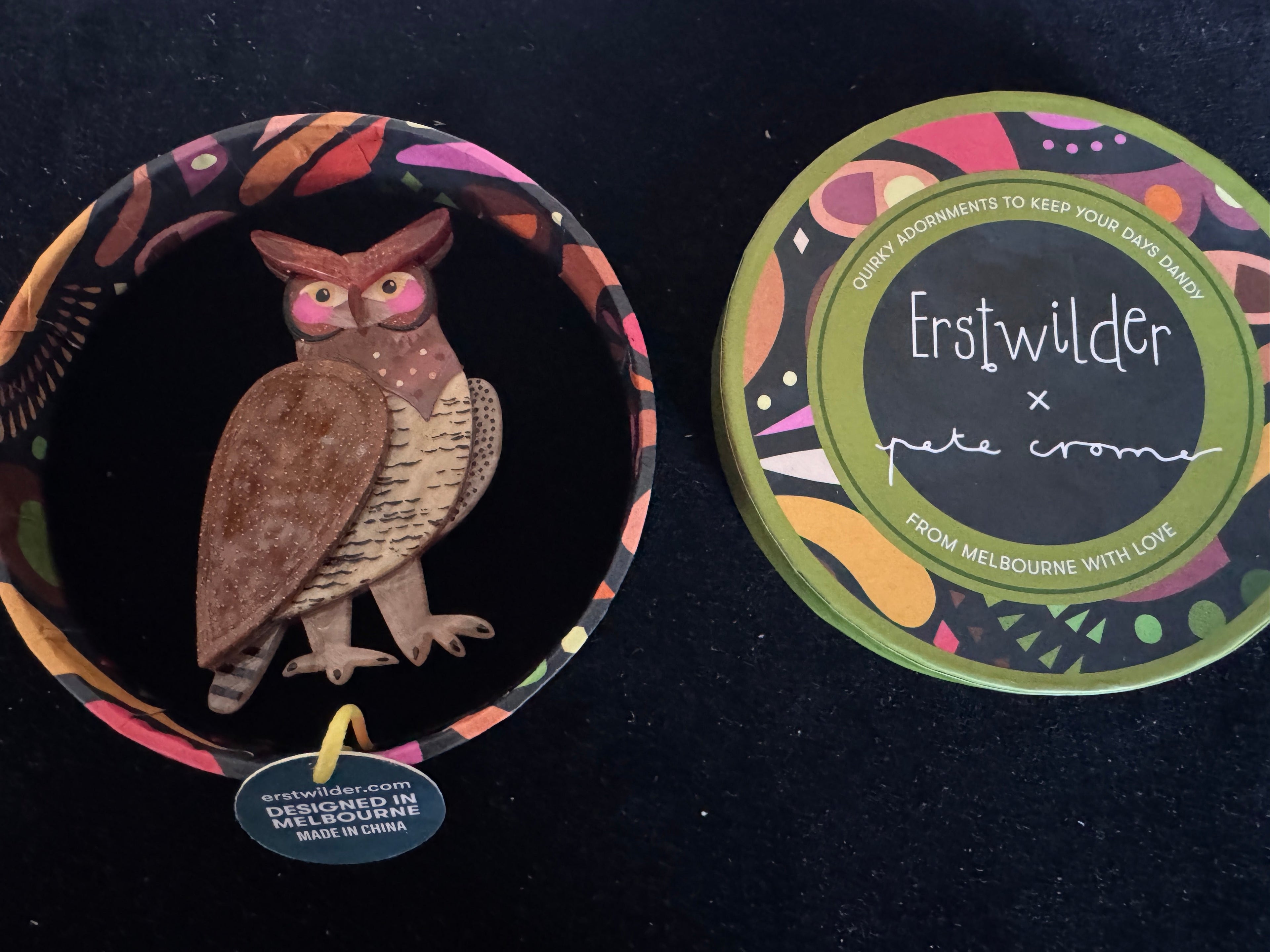 ERSTWILDER PETE CROMER AMERICA THE GRAND GREAT HORNED OWL - Resin Brooch
