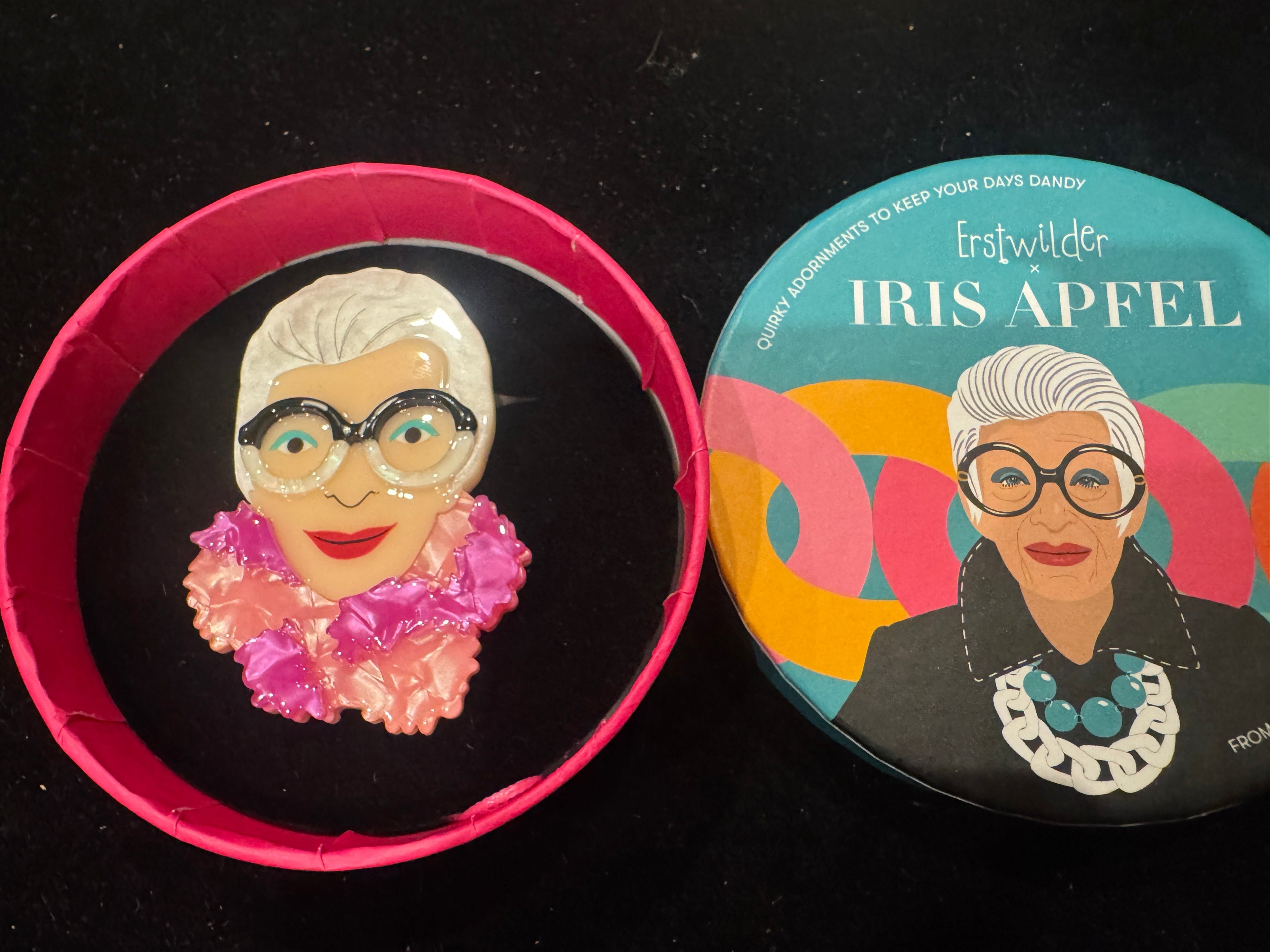 ERSTWILDER  IRIS APFEL - PRETTY IN POM POM IRIS- RESIN BROOCH