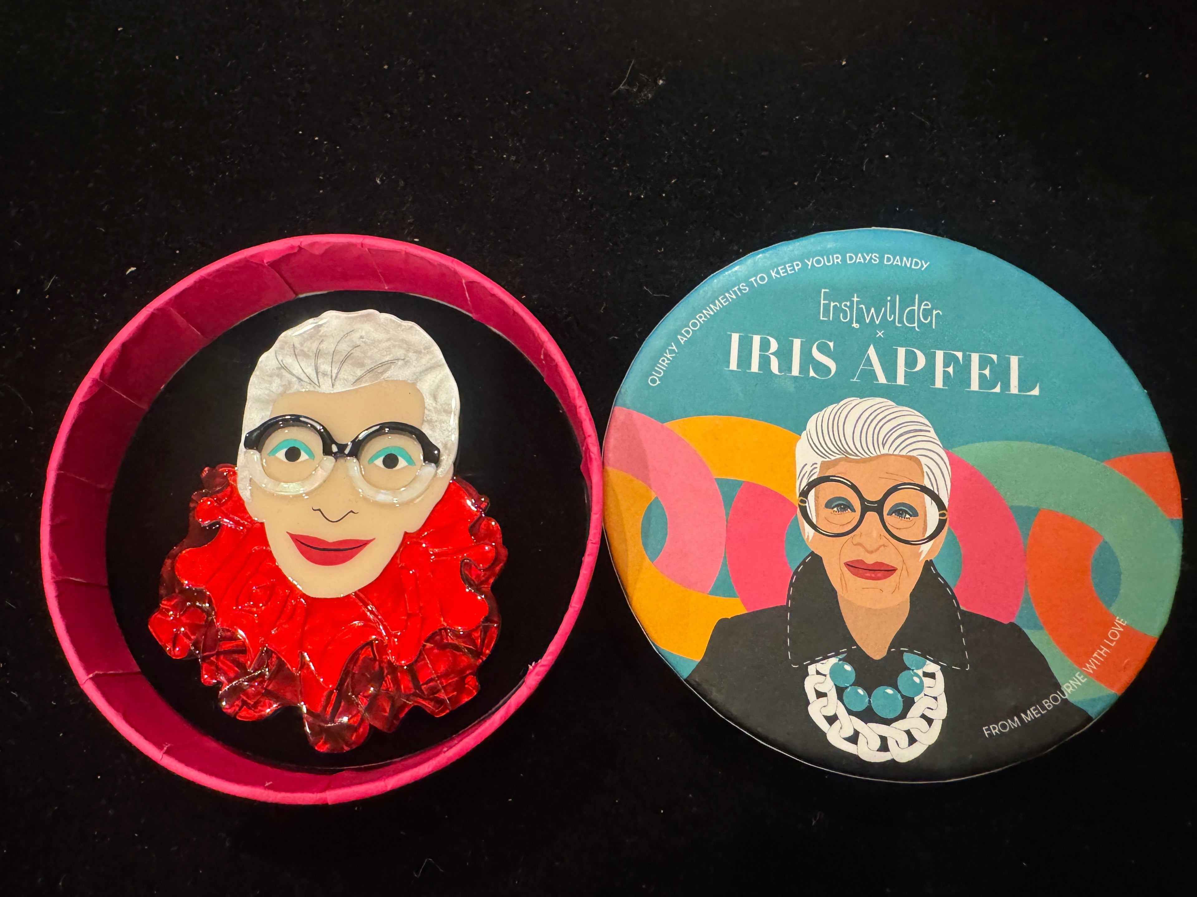 ERSTWILDER  IRIS APFEL - ADORNED IN FEATHERS IRIS - RESIN BROOCH